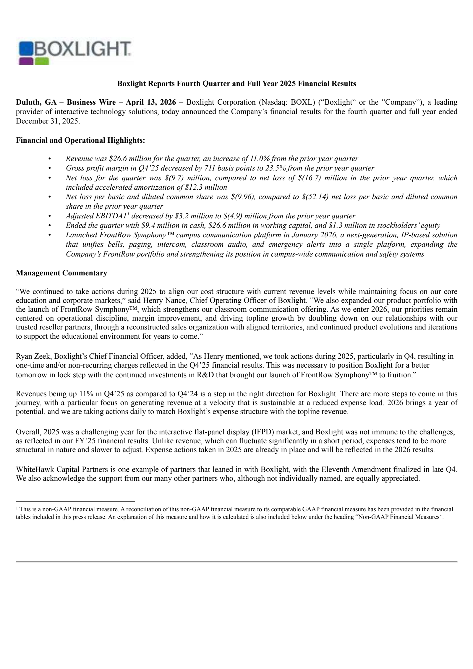 Boxlight's Q4 2025 Press Release