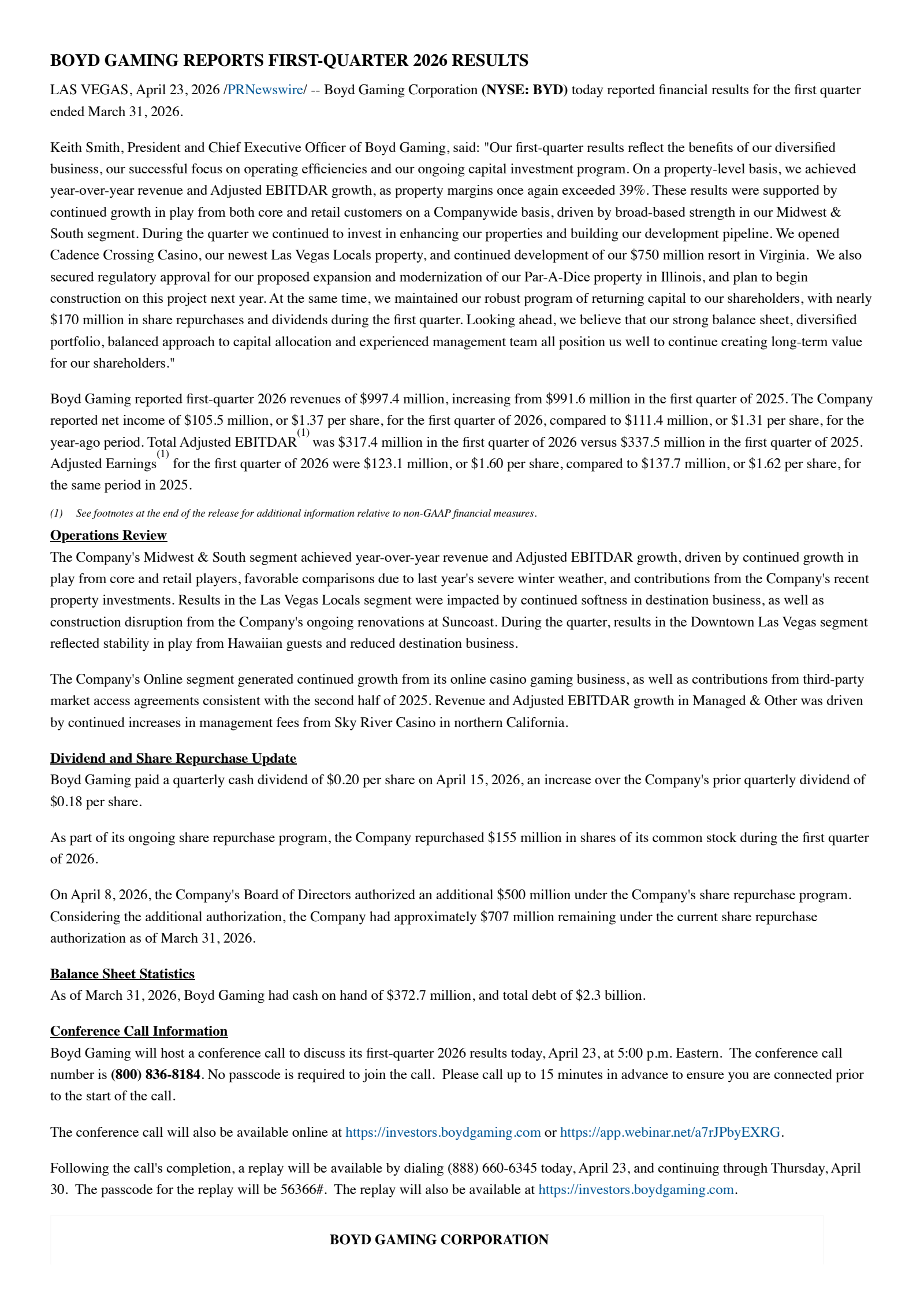 Boyd Gaming's Q1 2026 Press Release
