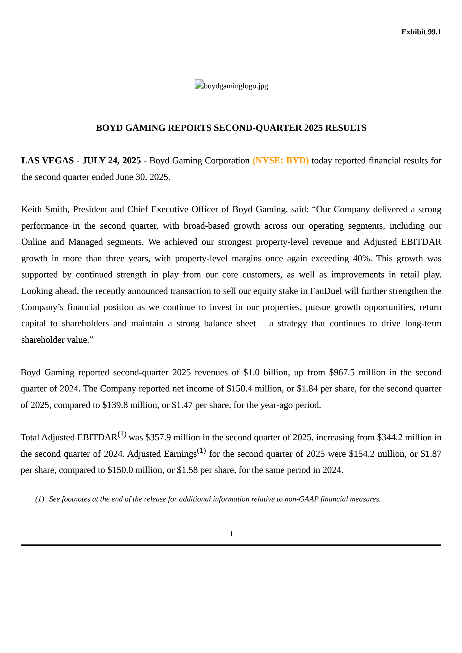 Boyd Gaming's Q2 2025 Press Release