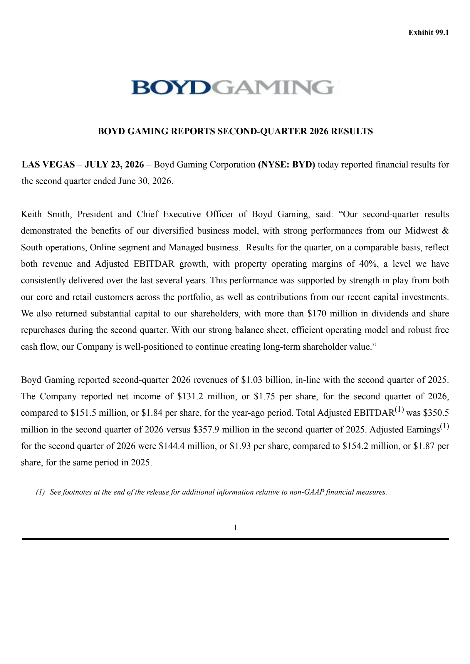 Boyd Gaming's Q2 2026 Press Release