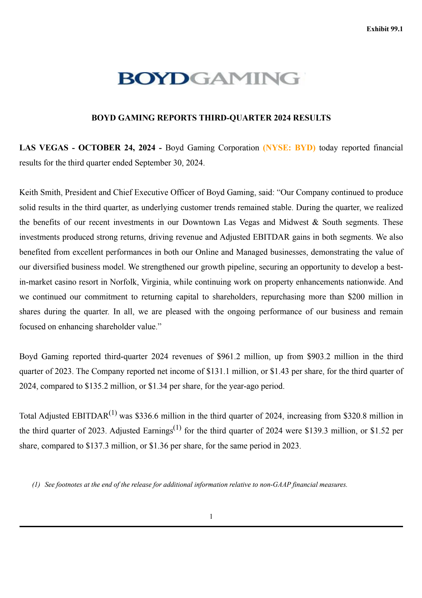 Boyd Gaming's Q3 2024 Press Release
