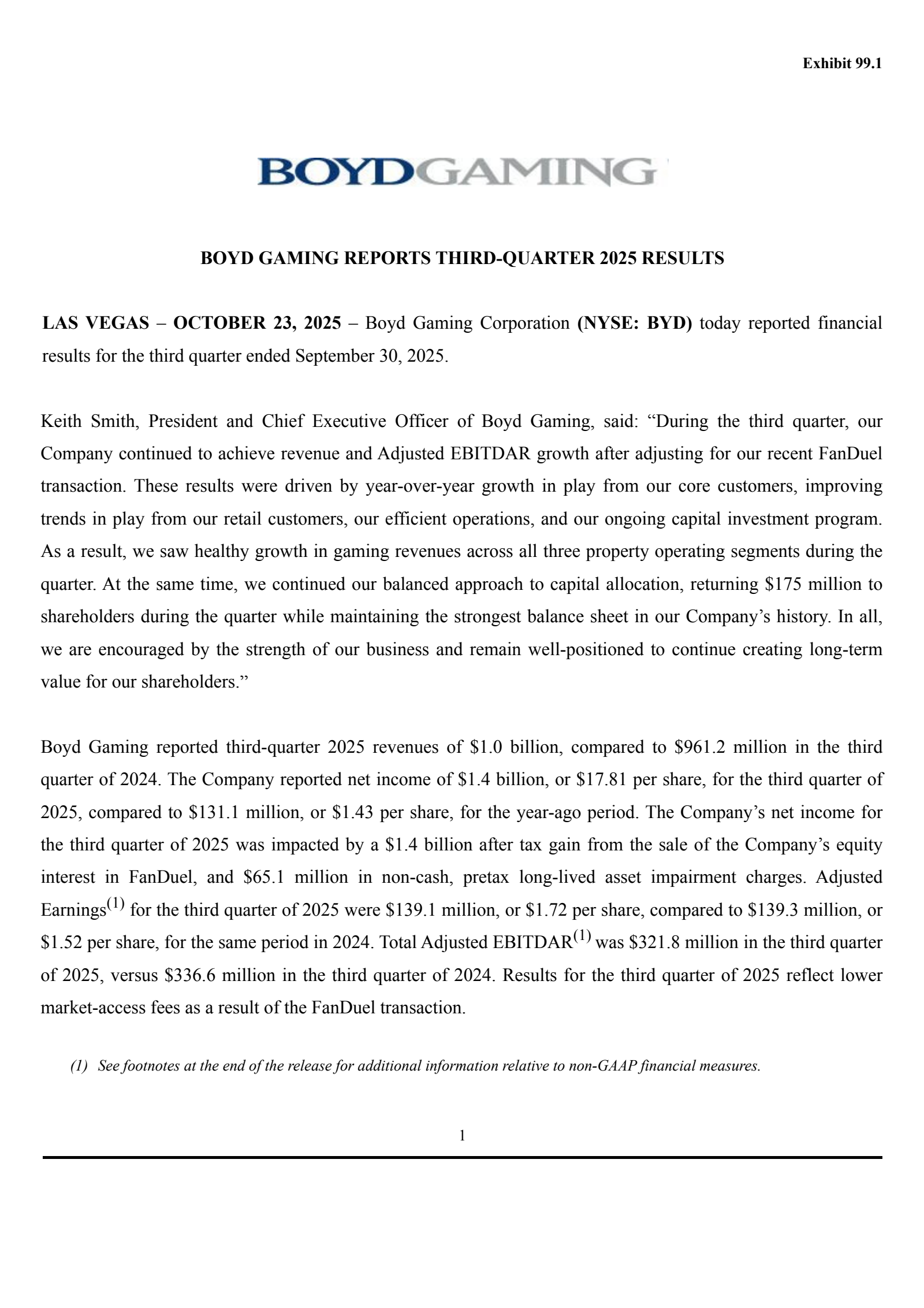 Boyd Gaming's Q3 2025 Earnings Release