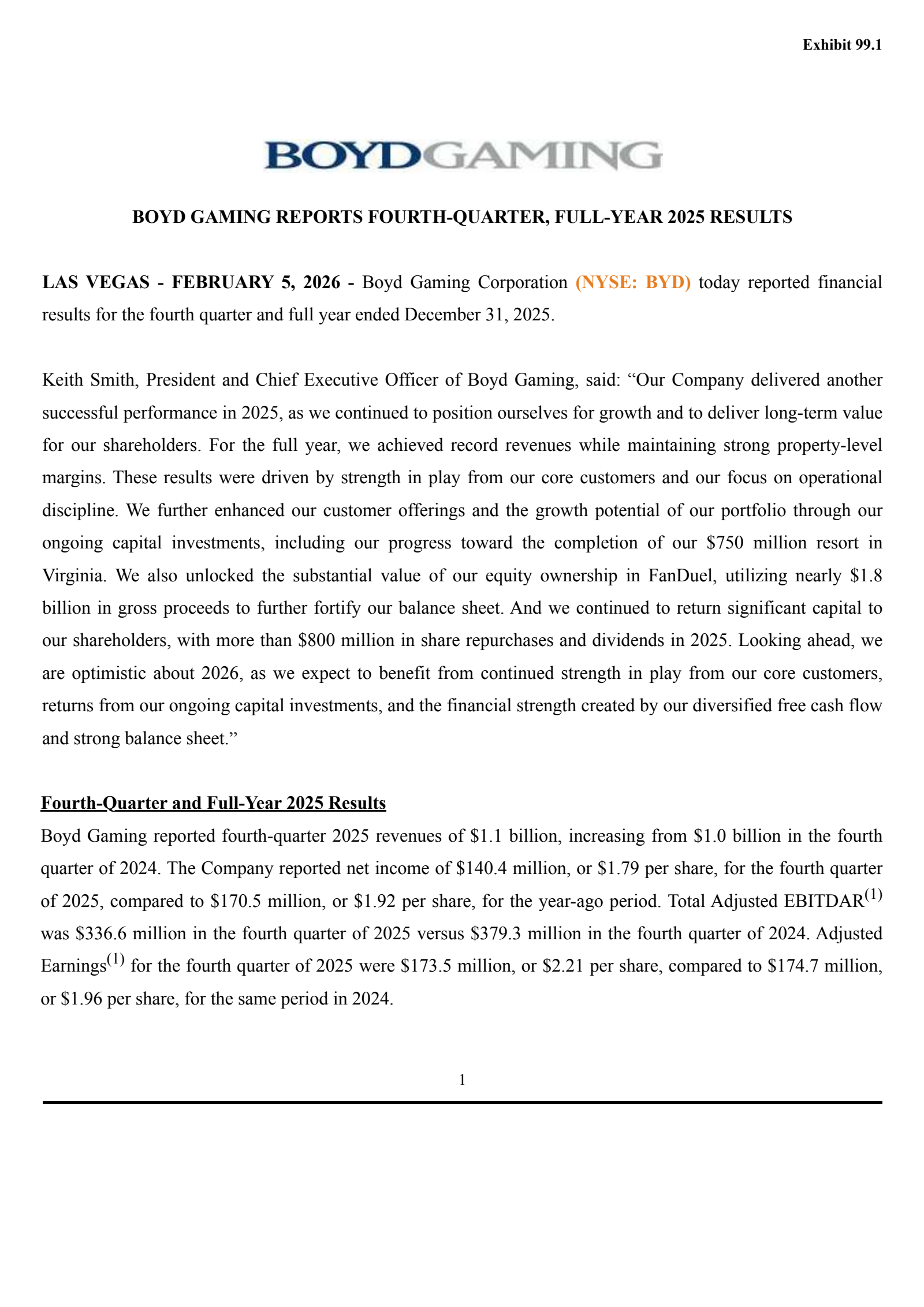 Boyd Gaming's Q4 2025 Press Release