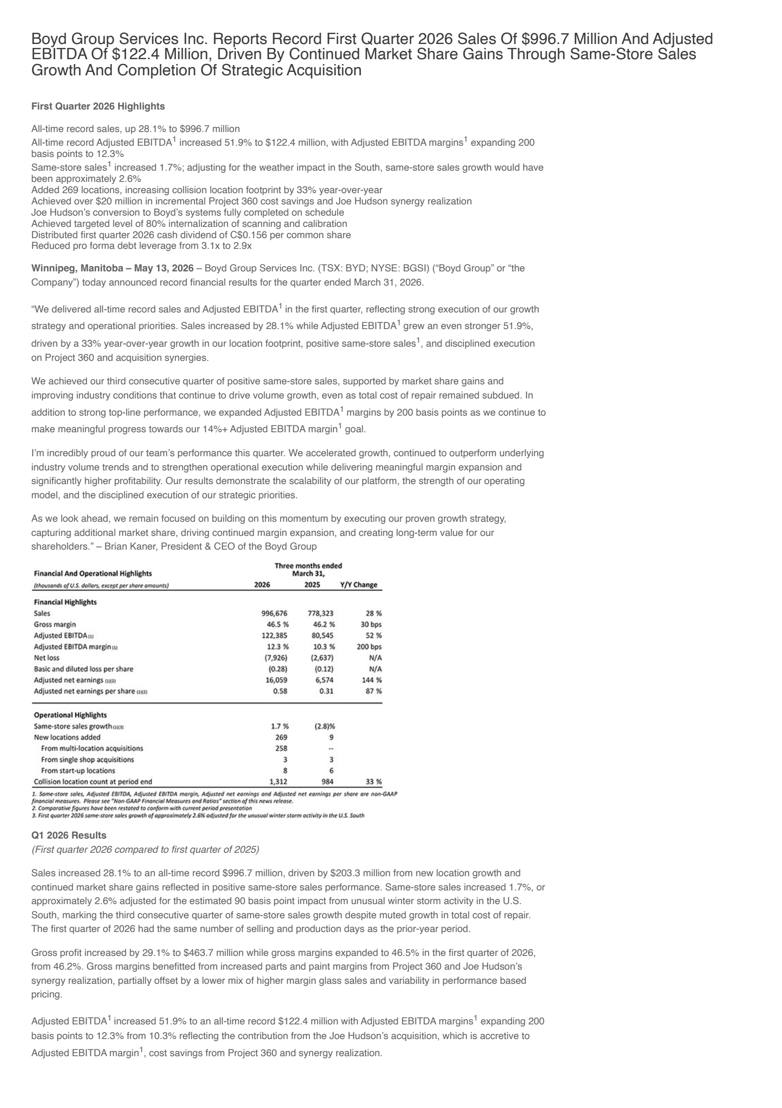 Boyd Group Services' Q1 2026 Press Release