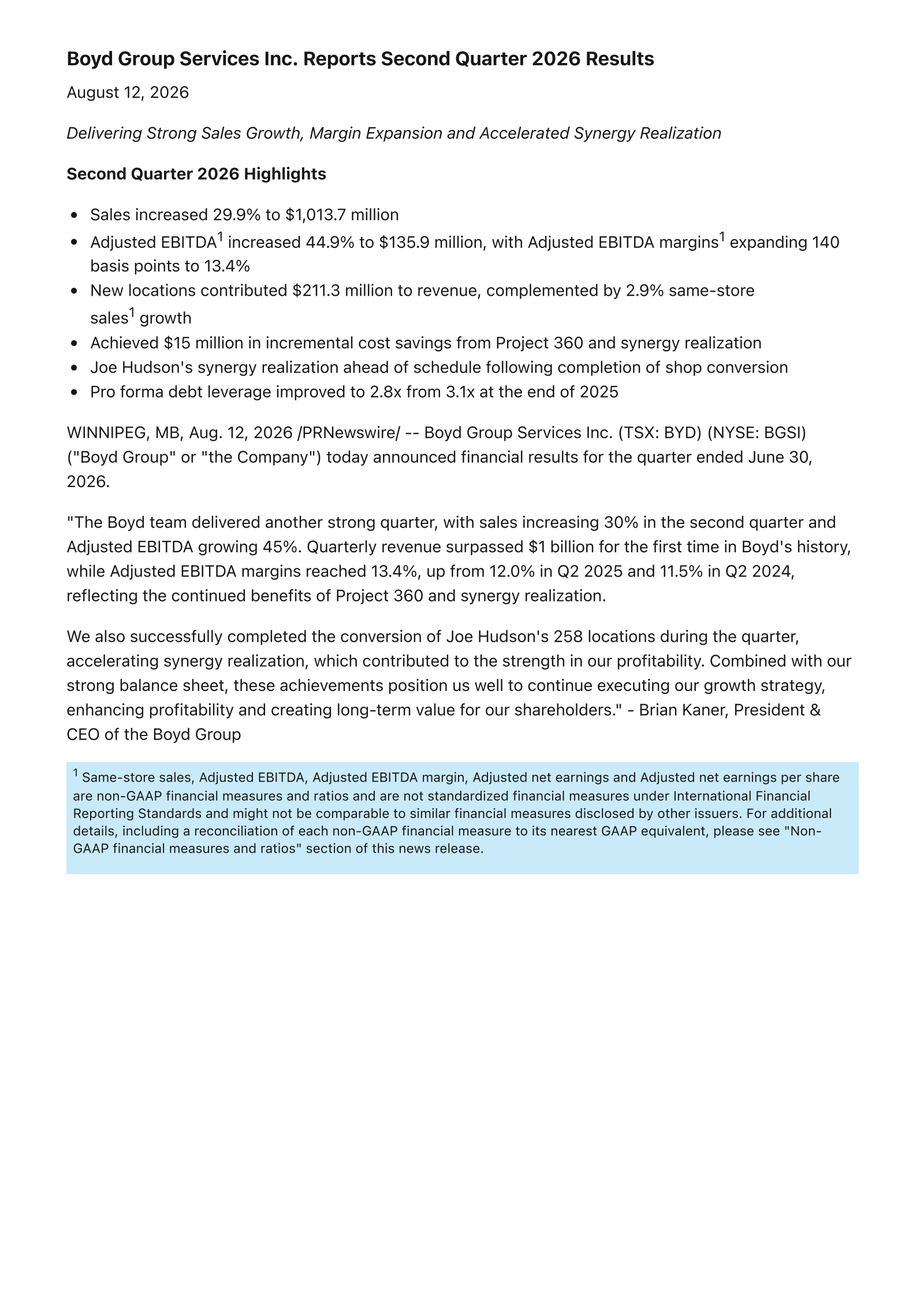 Boyd Group Services' Q2 2026 Press Release