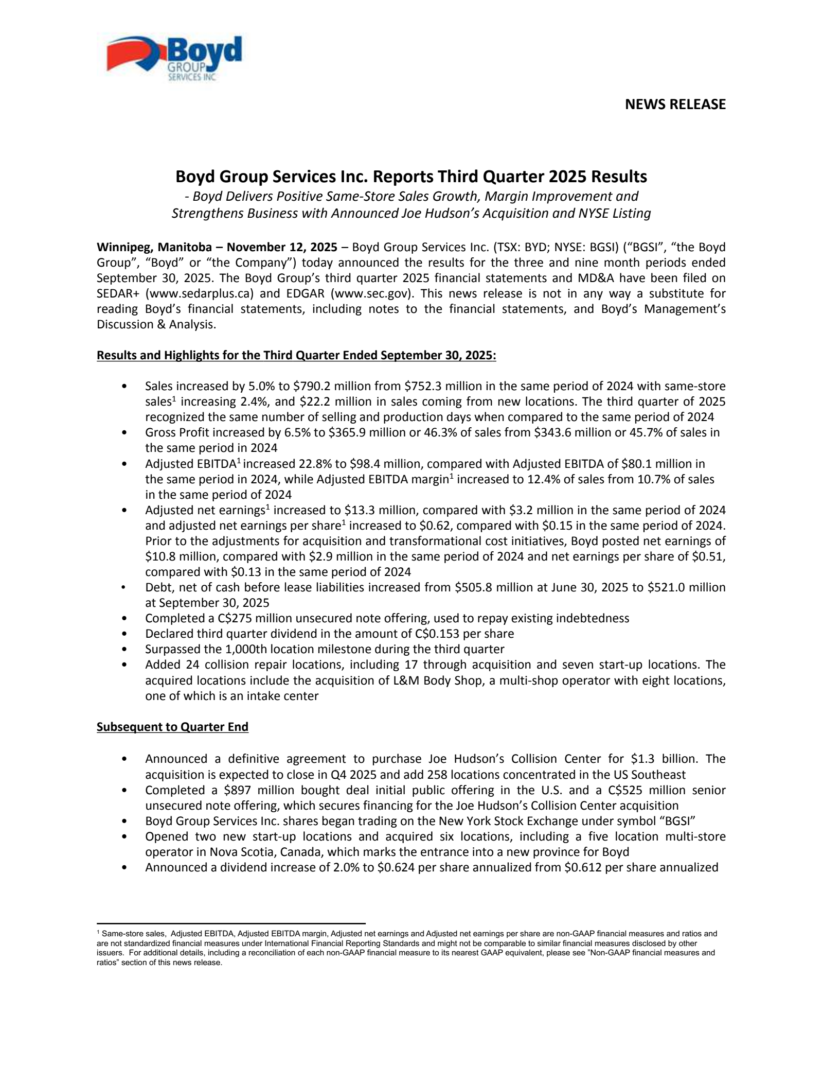 Boyd Group Services' Q3 2025 Earnings Release