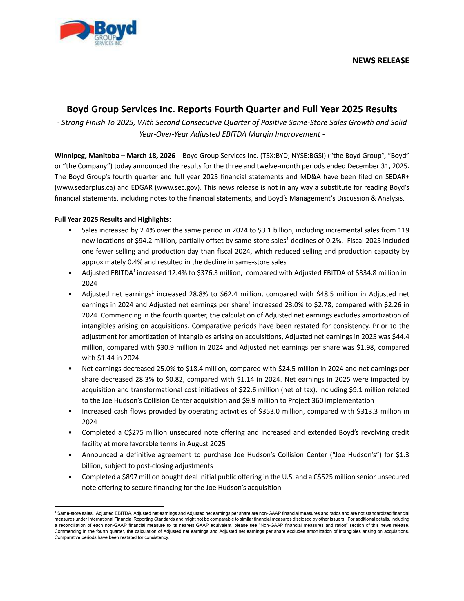 Boyd Group Services' Q4 2025 Press Release