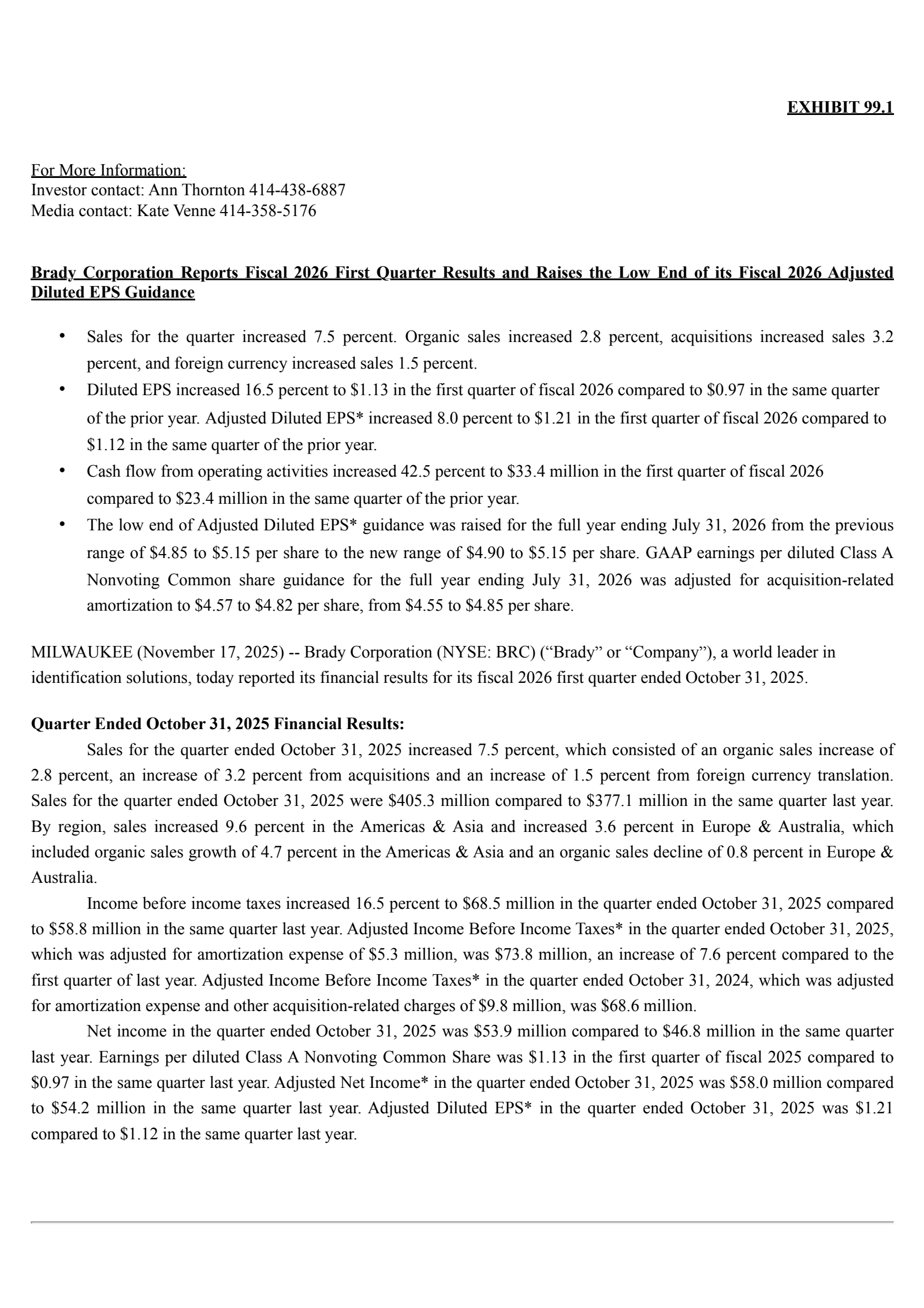 Brady's Q1 2026 Earnings Release