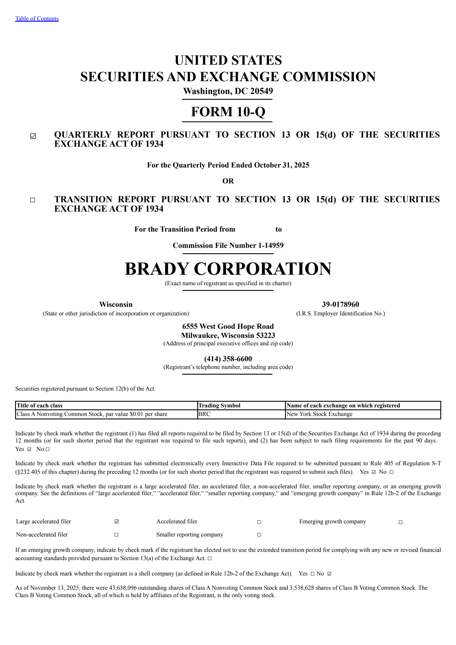 Brady's Q1 2026 Quarterly Report