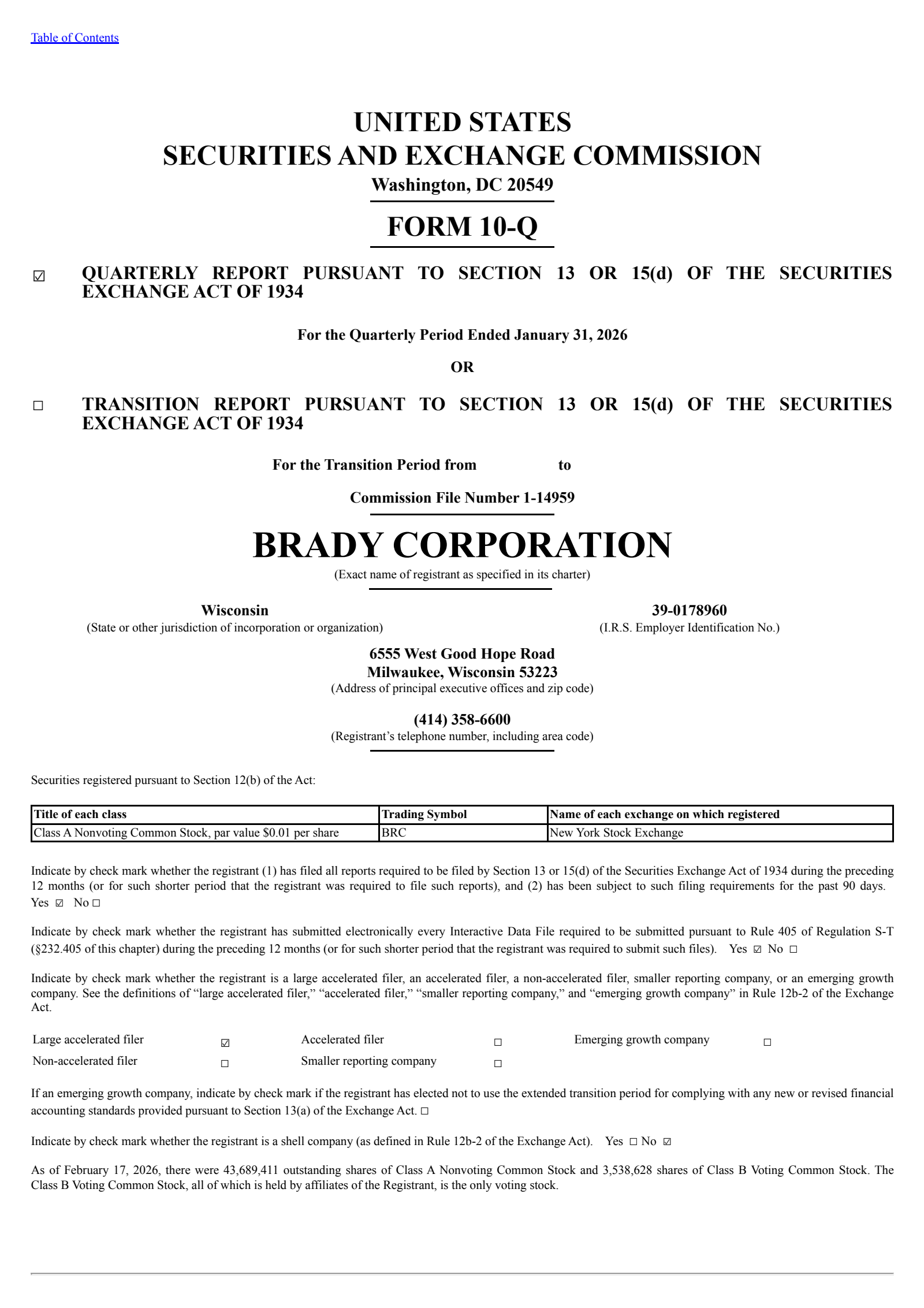 Brady's Q2 2026 Quarterly report