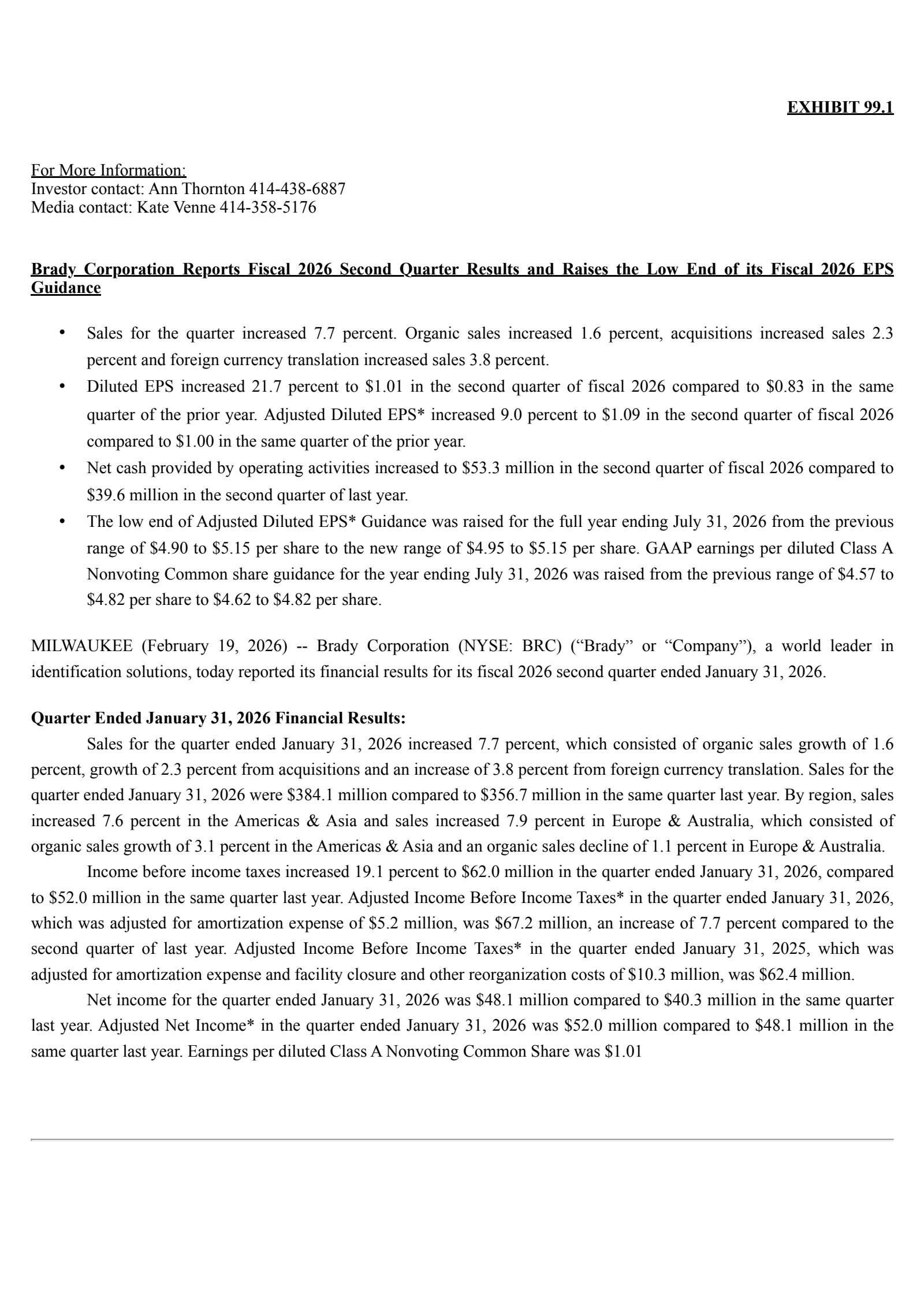 Brady's Q2 2026 Press Release