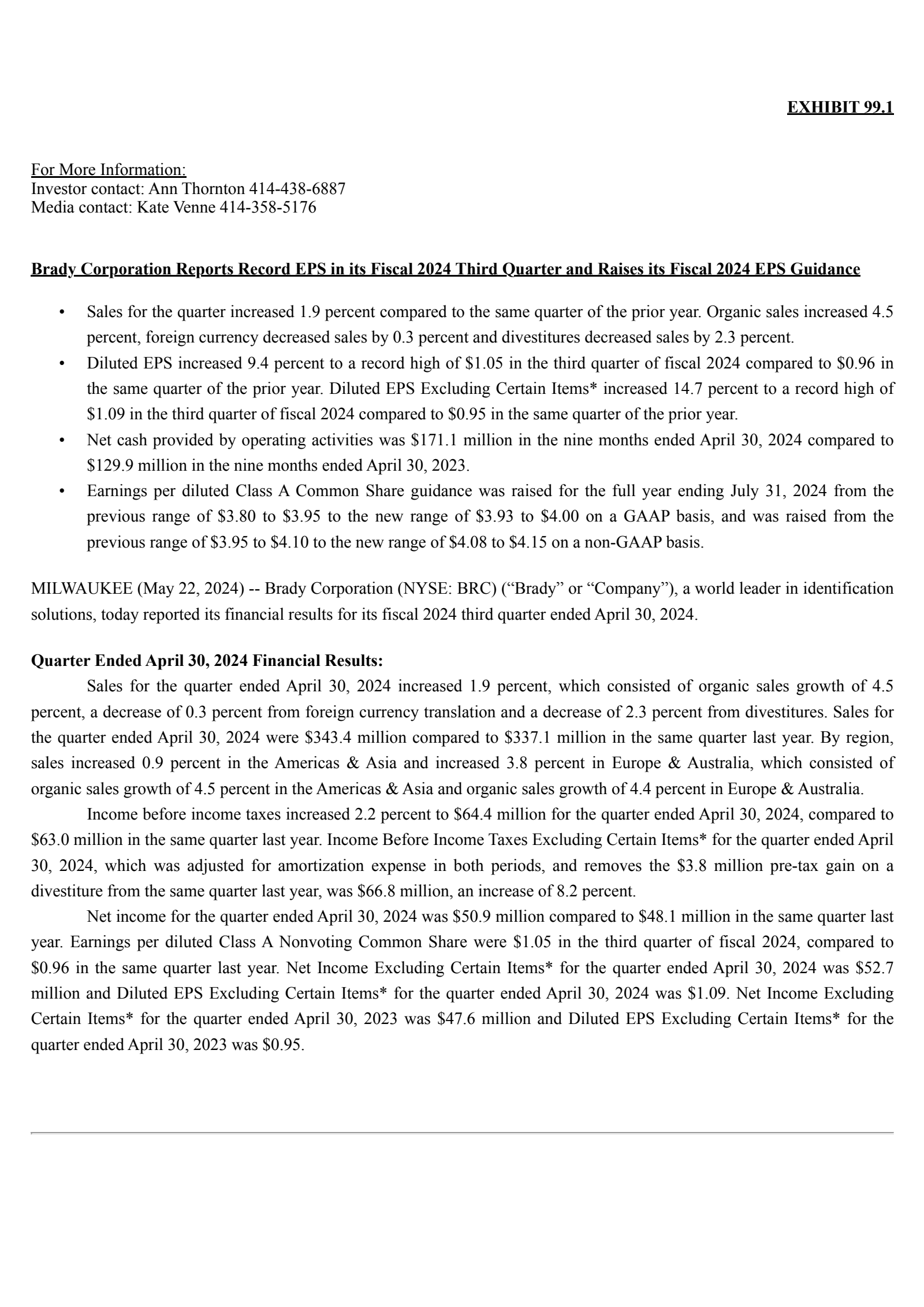 Brady's Q3 2024 Press Release