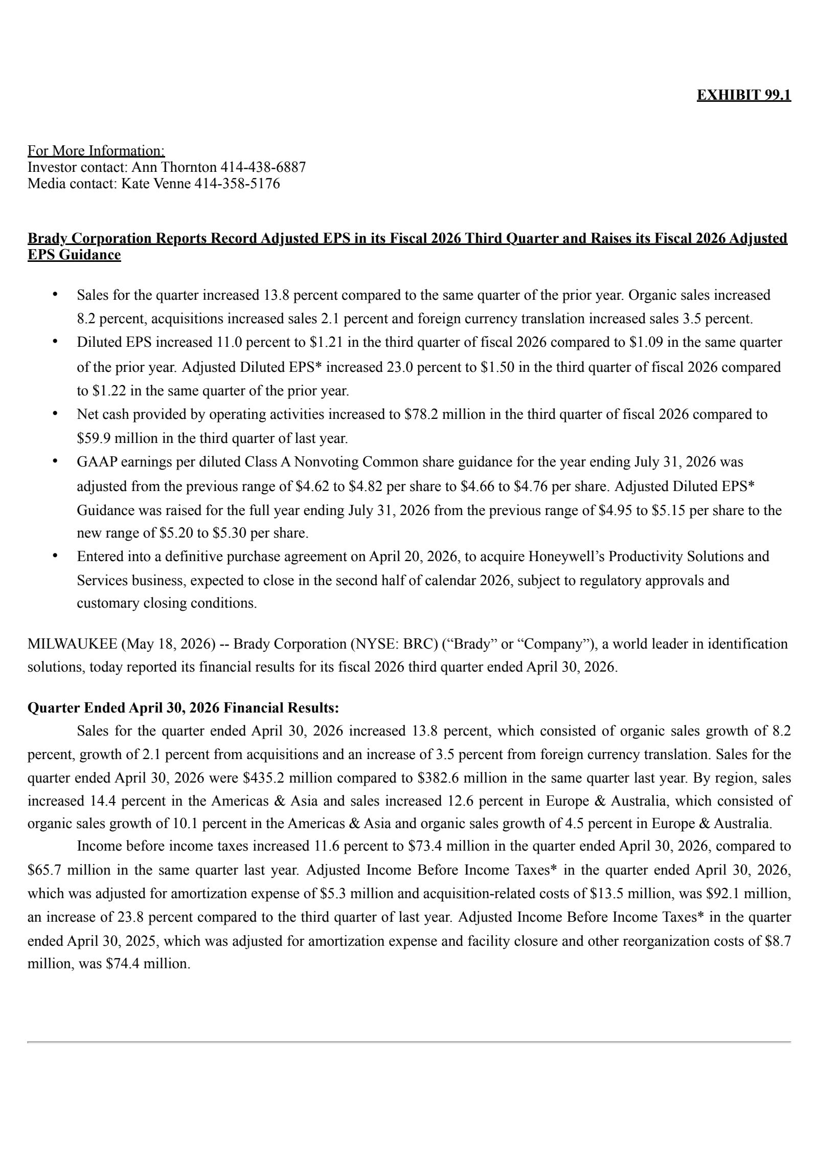 Brady's Q3 2026 Press Release