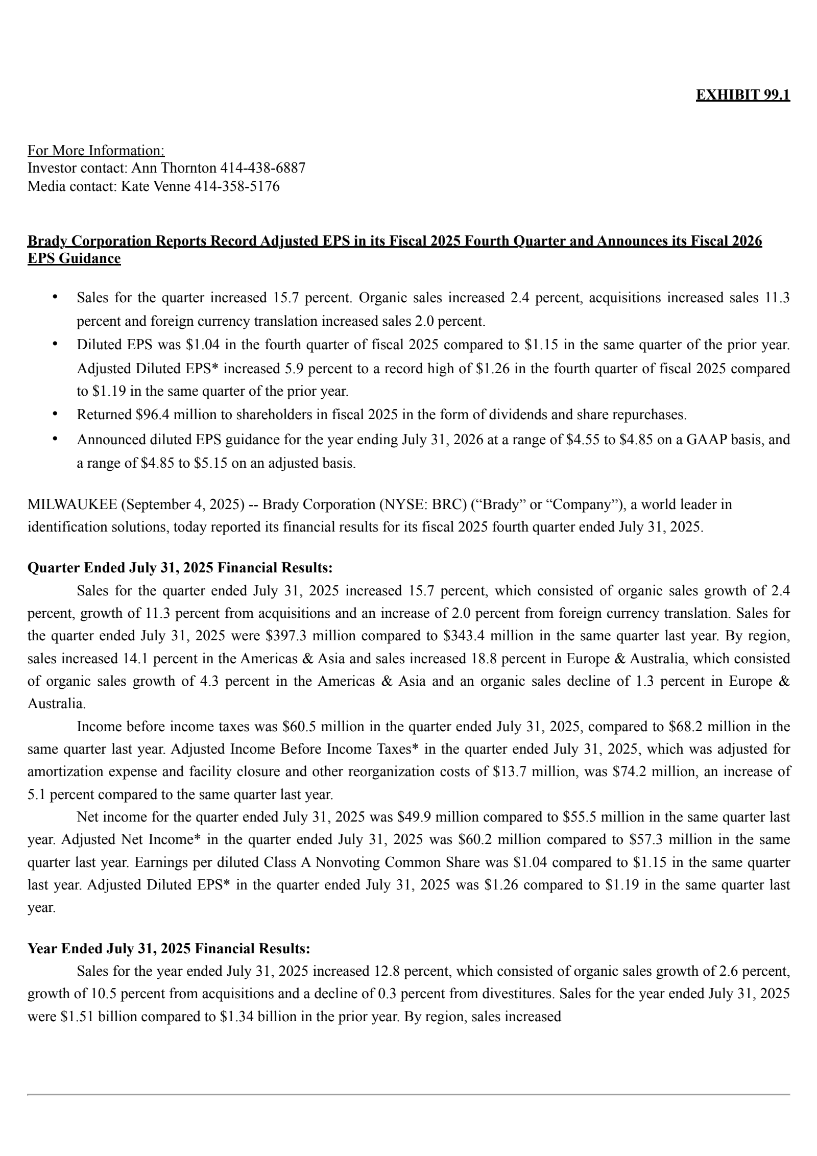 Brady's Q4 2025 Press Release