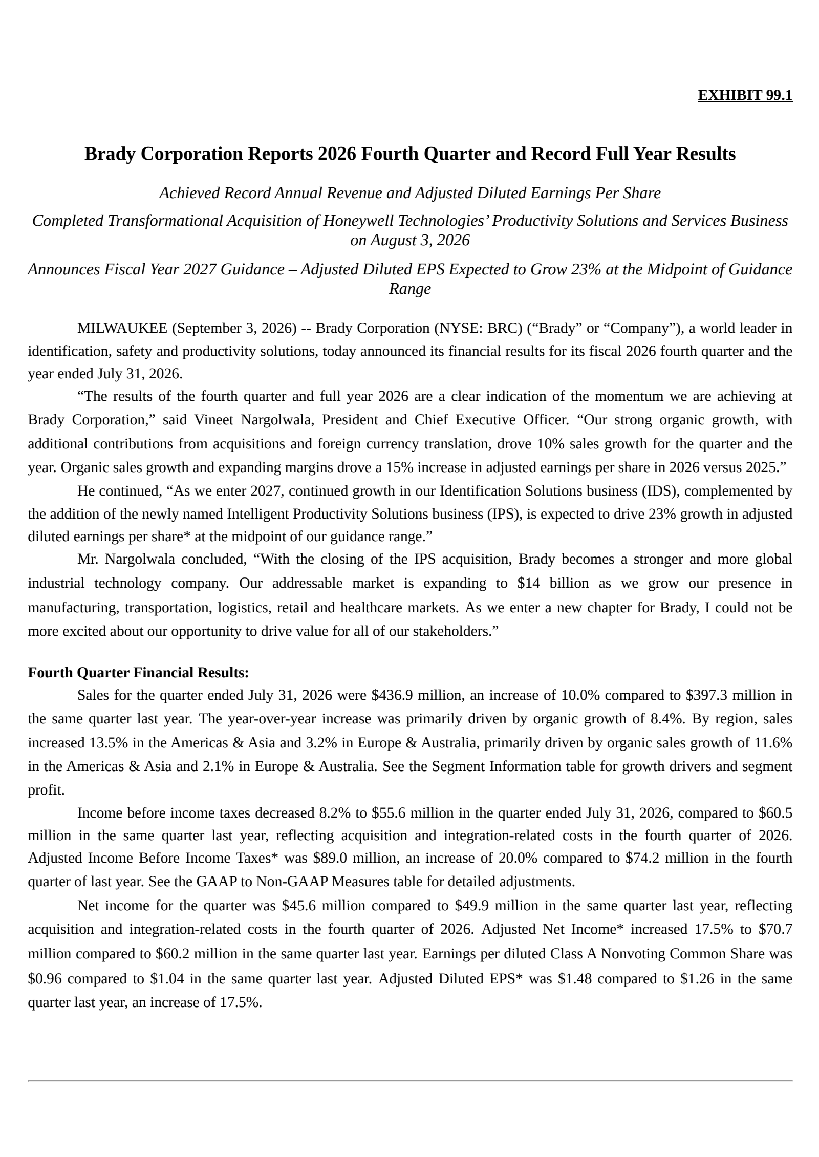 Brady's Q4 2026 Press Release