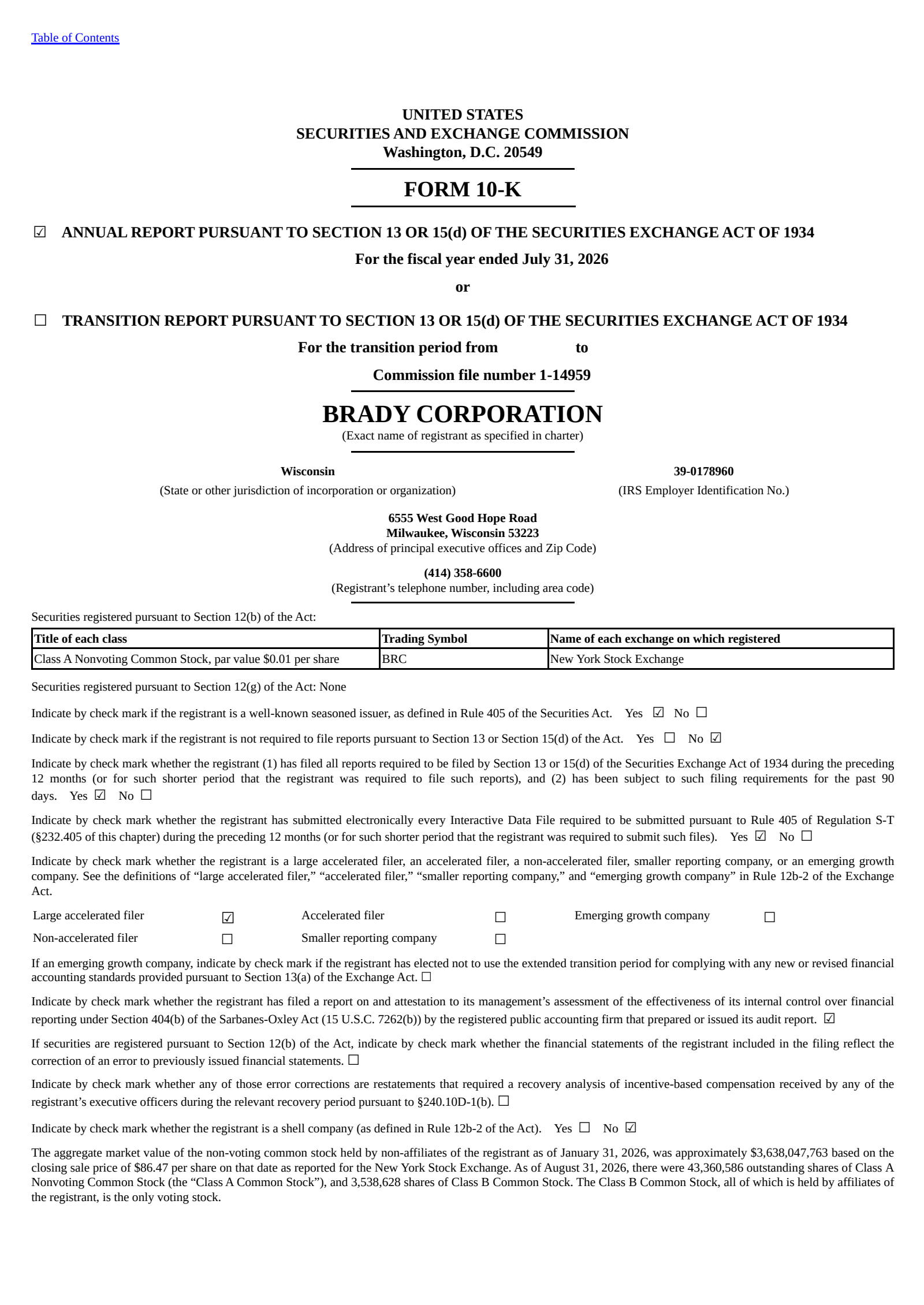 Brady's Q4 2026 Annual report