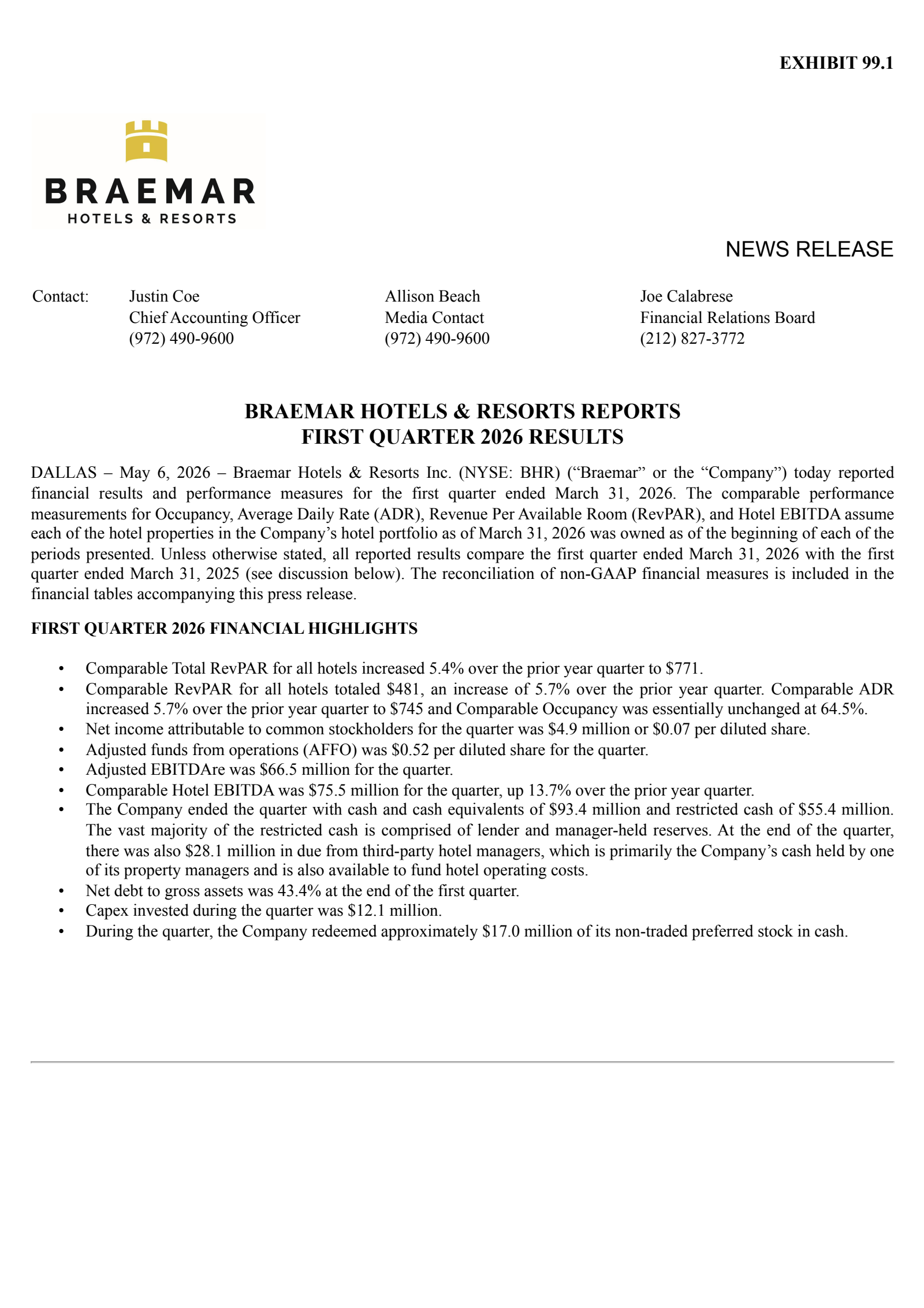 BRAEMAR HOTELS & RESORTS's Q1 2026 Press Release