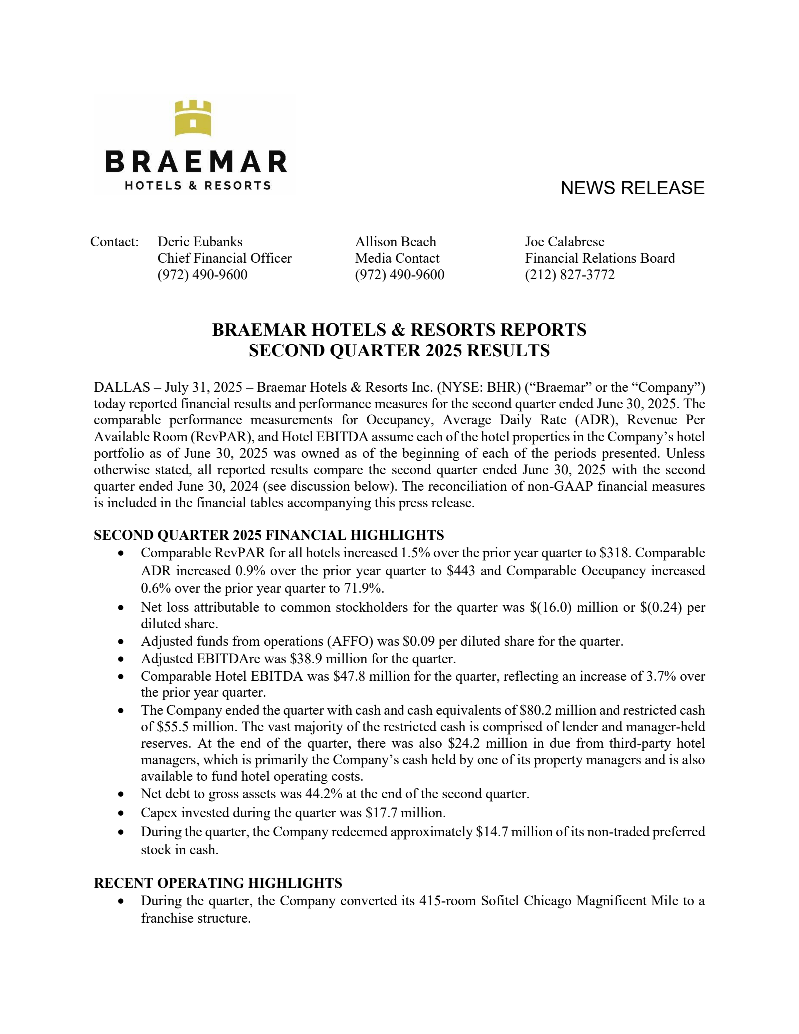 BRAEMAR HOTELS & RESORTS's Q2 2025 Press Release