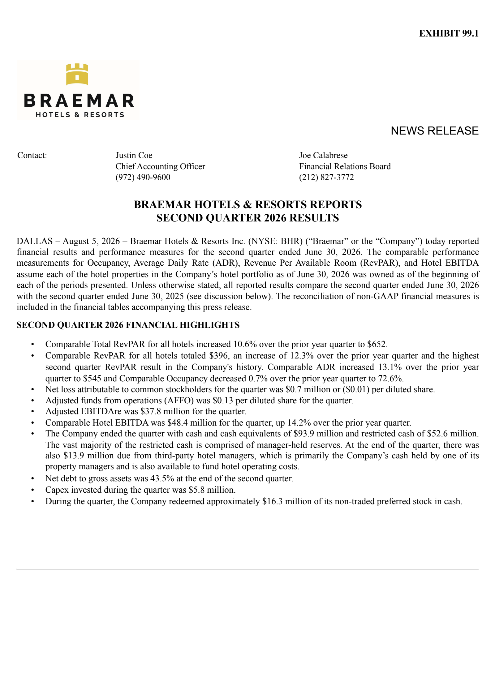 BRAEMAR HOTELS & RESORTS's Q2 2026 Press Release