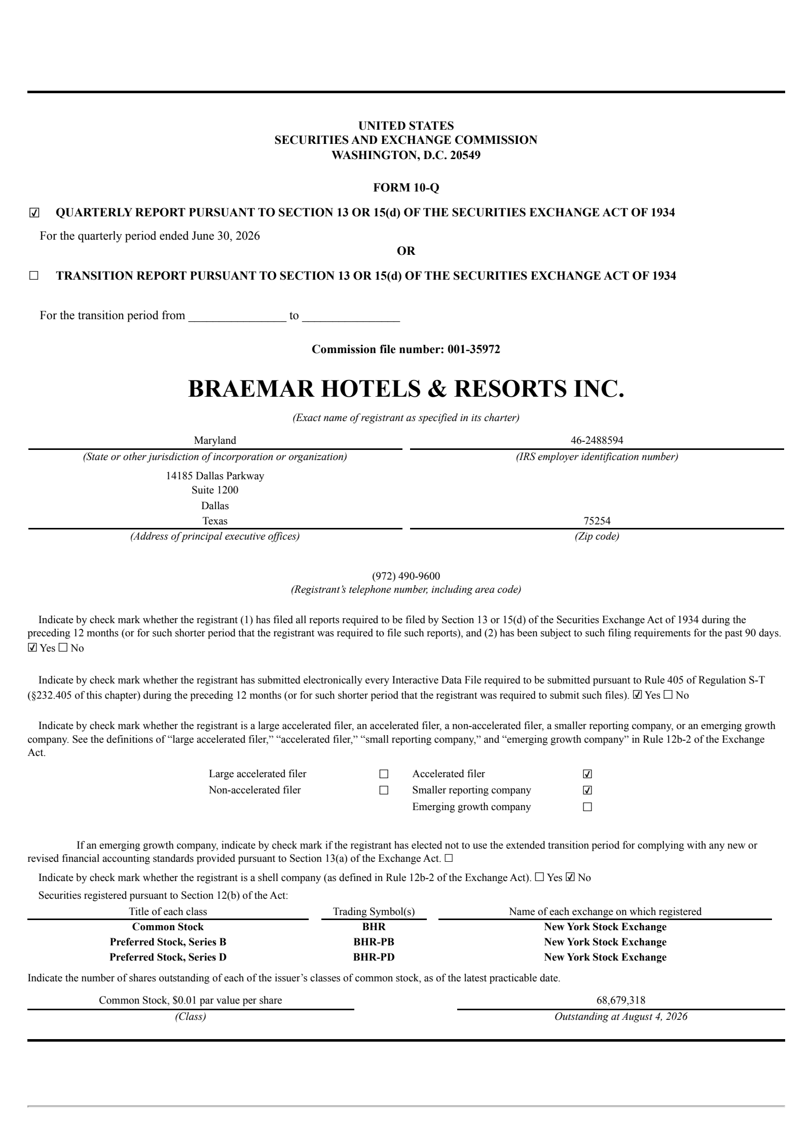 BRAEMAR HOTELS & RESORTS's Q2 2026 Quarterly report