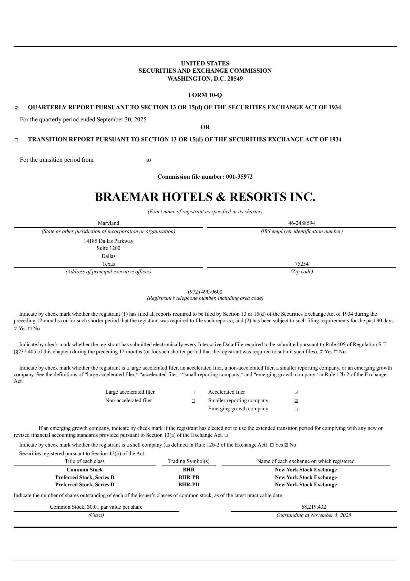 BRAEMAR HOTELS & RESORTS's Q3 2025 Quarterly Report