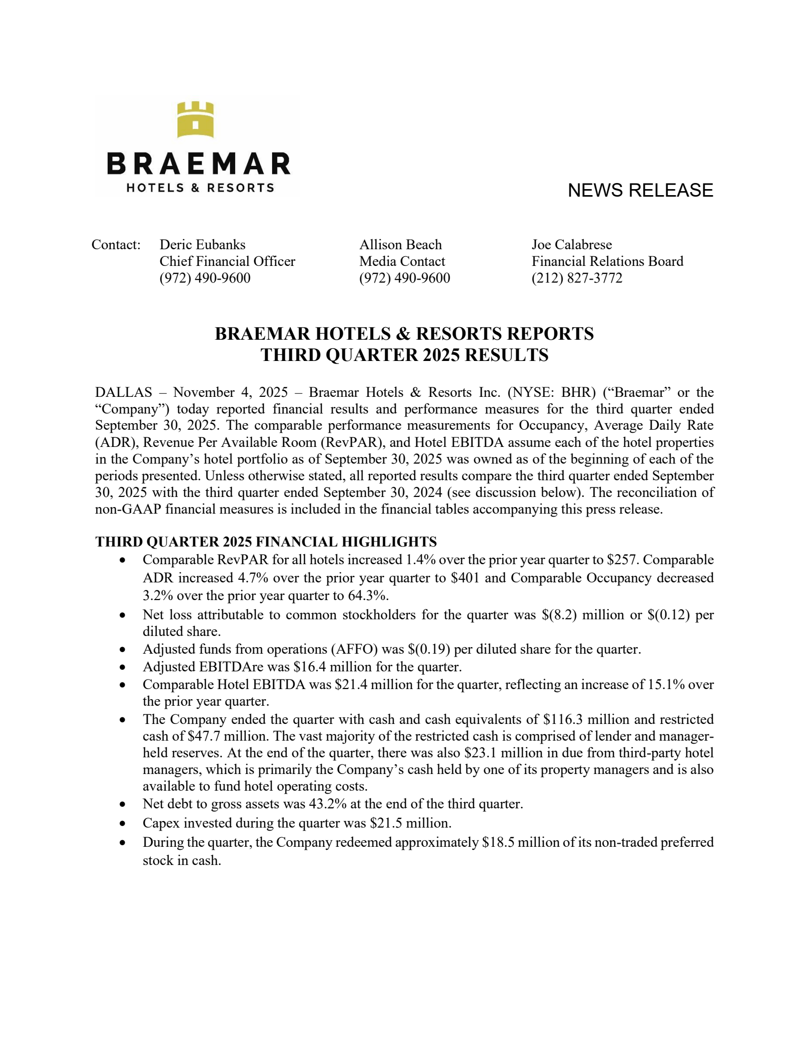 BRAEMAR HOTELS & RESORTS's Q3 2025 Earnings Release