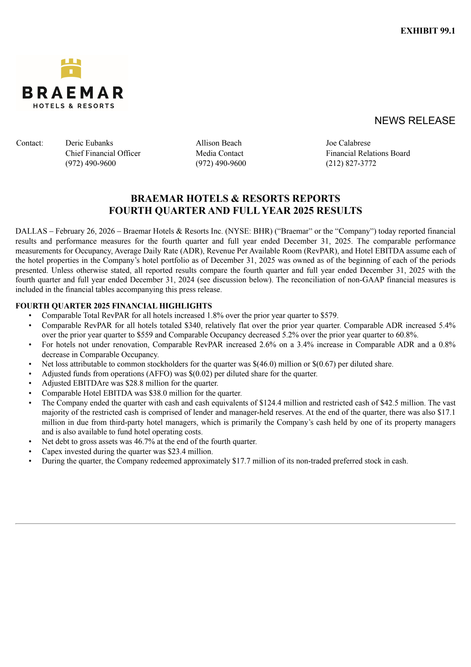 BRAEMAR HOTELS & RESORTS's Q4 2025 Press Release