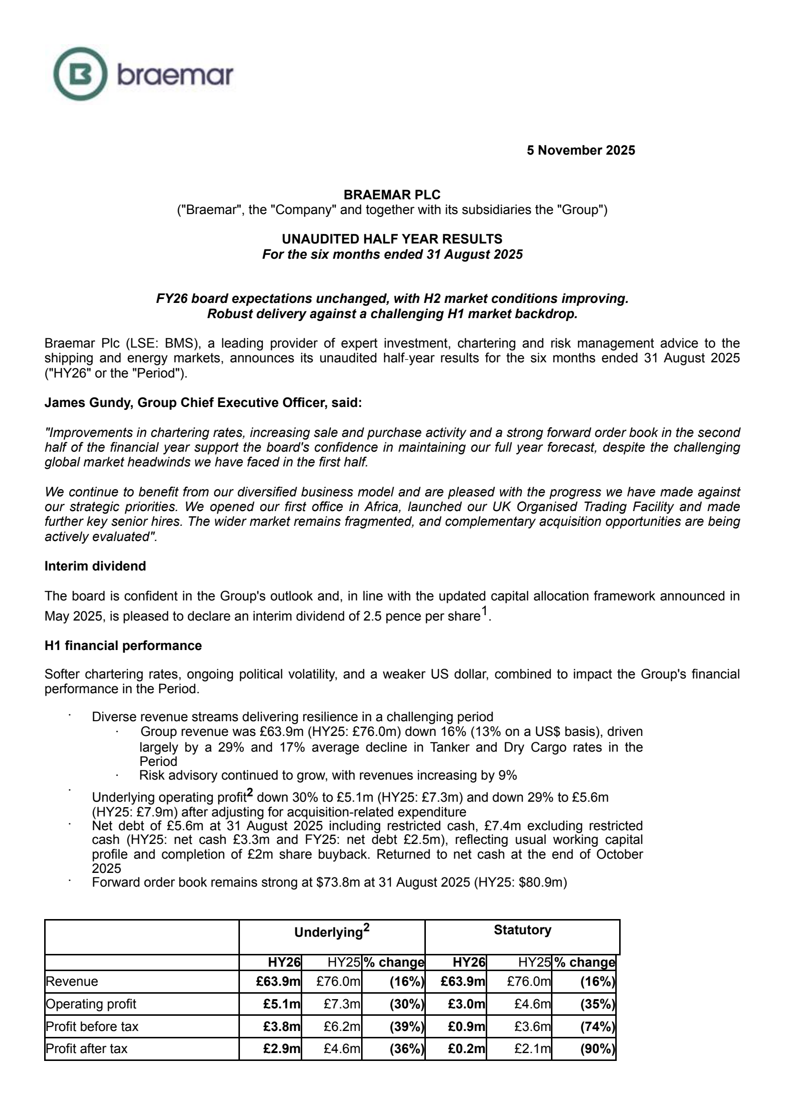Braemar's H1 2026 Interim Report
