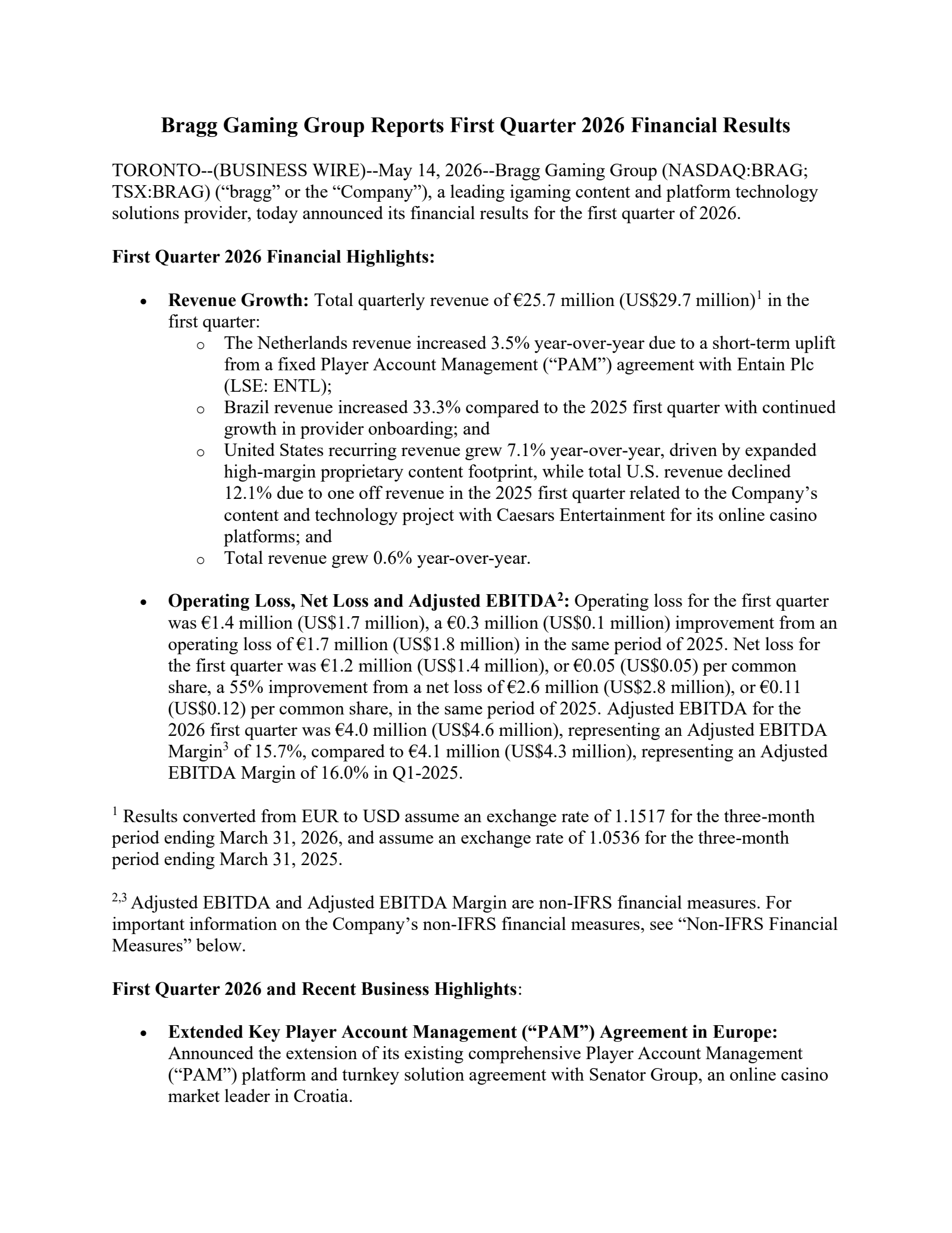 Bragg Gaming Group's Q1 2026 Press Release