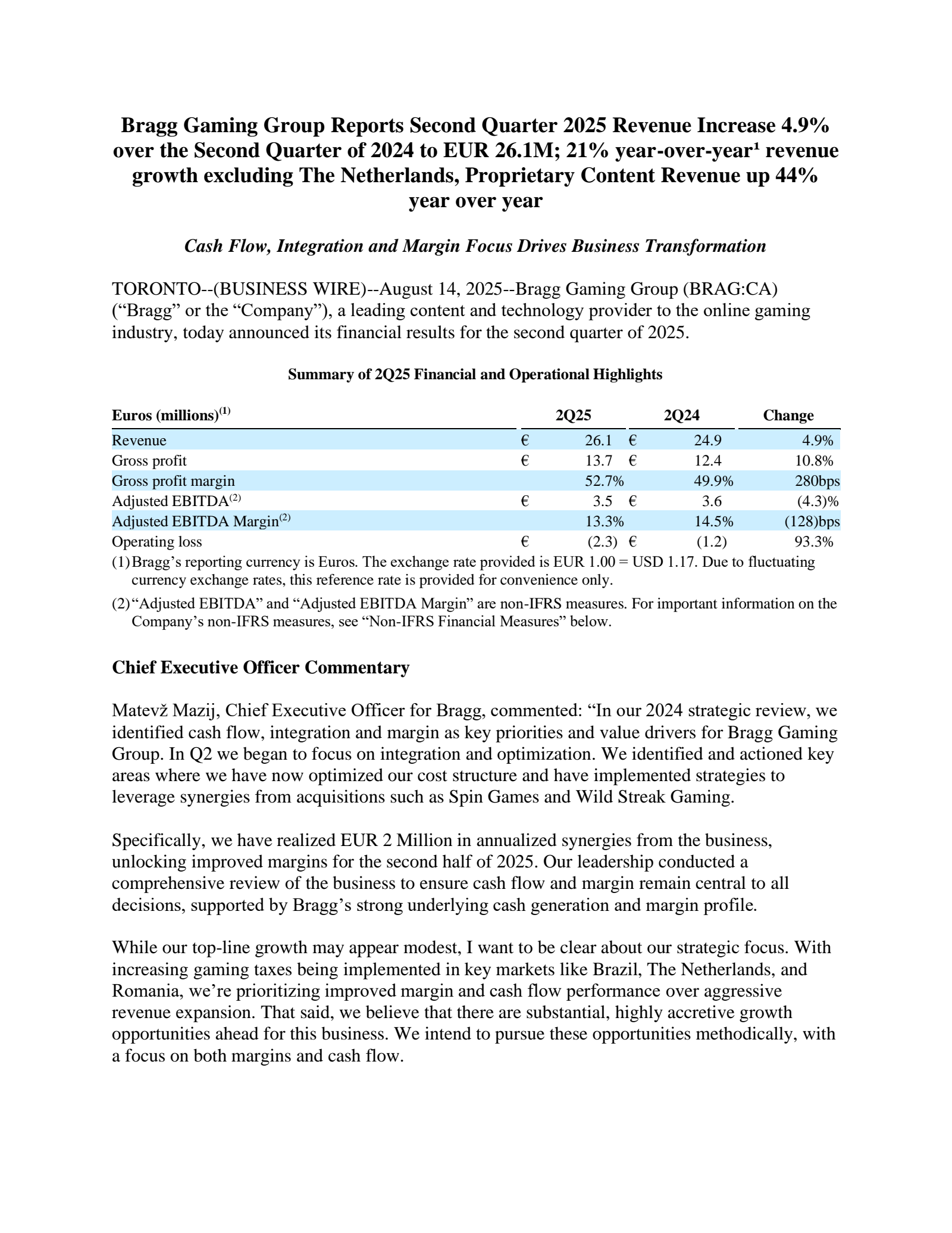 Bragg Gaming Group's Q2 2025 Press Release