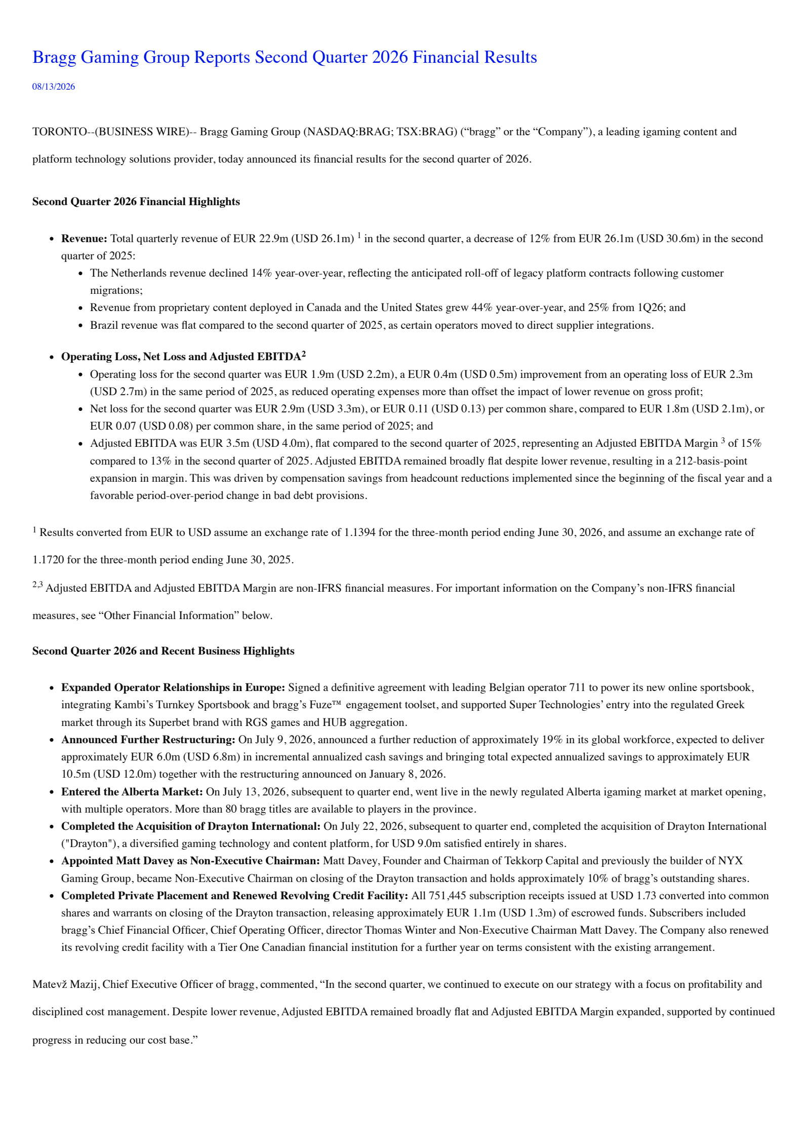 Bragg Gaming Group's Q2 2026 Press Release