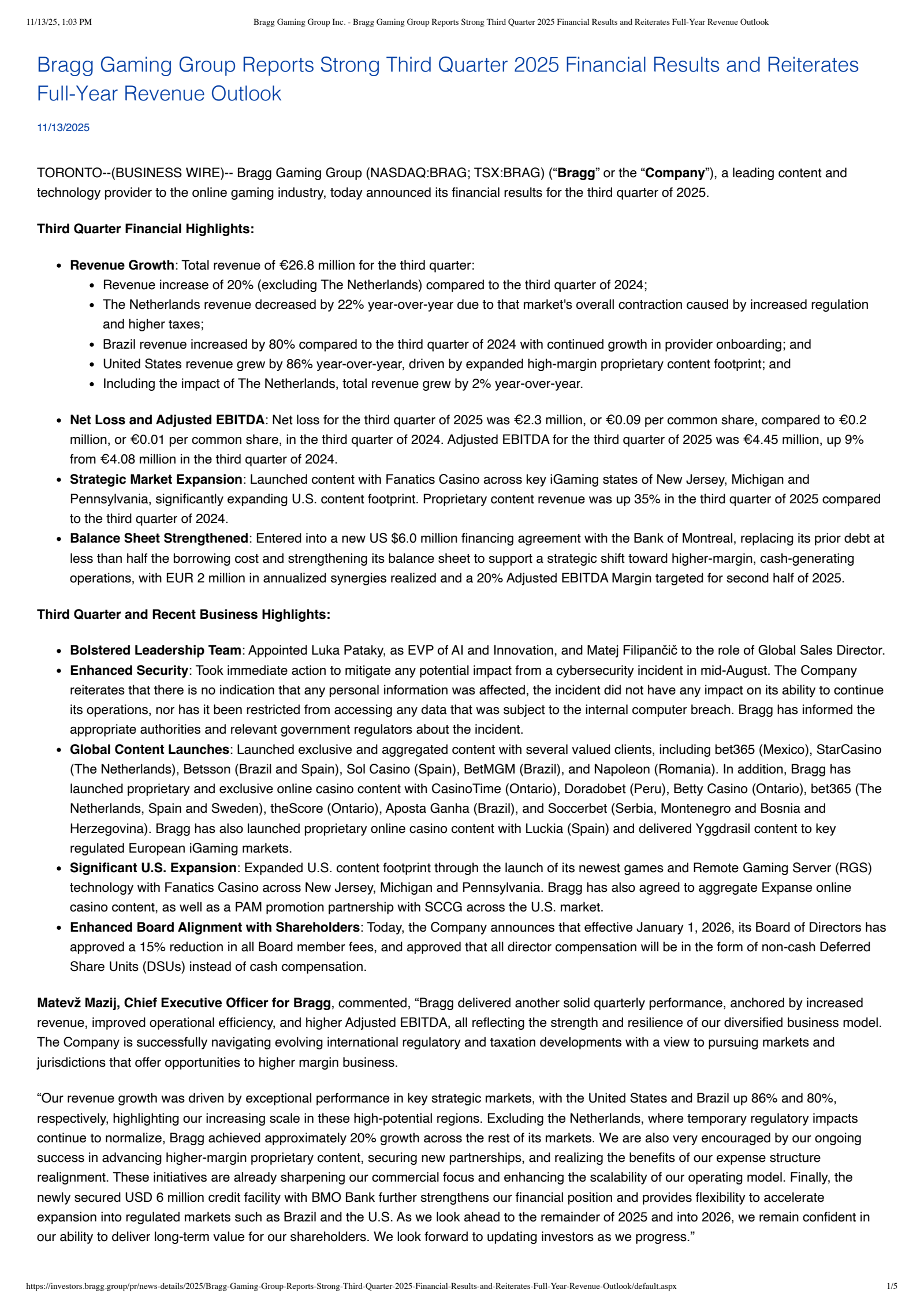 Bragg Gaming Group's Q3 2025 Earnings Release