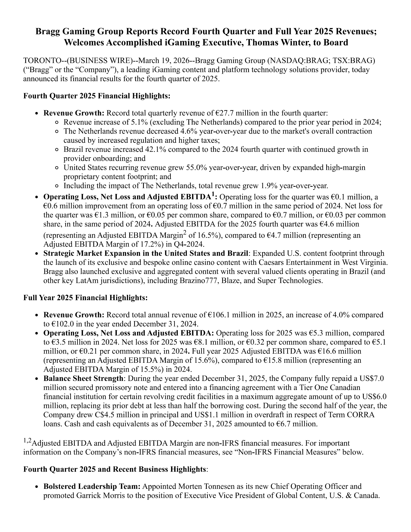 Bragg Gaming Group's Q4 2025 Press Release