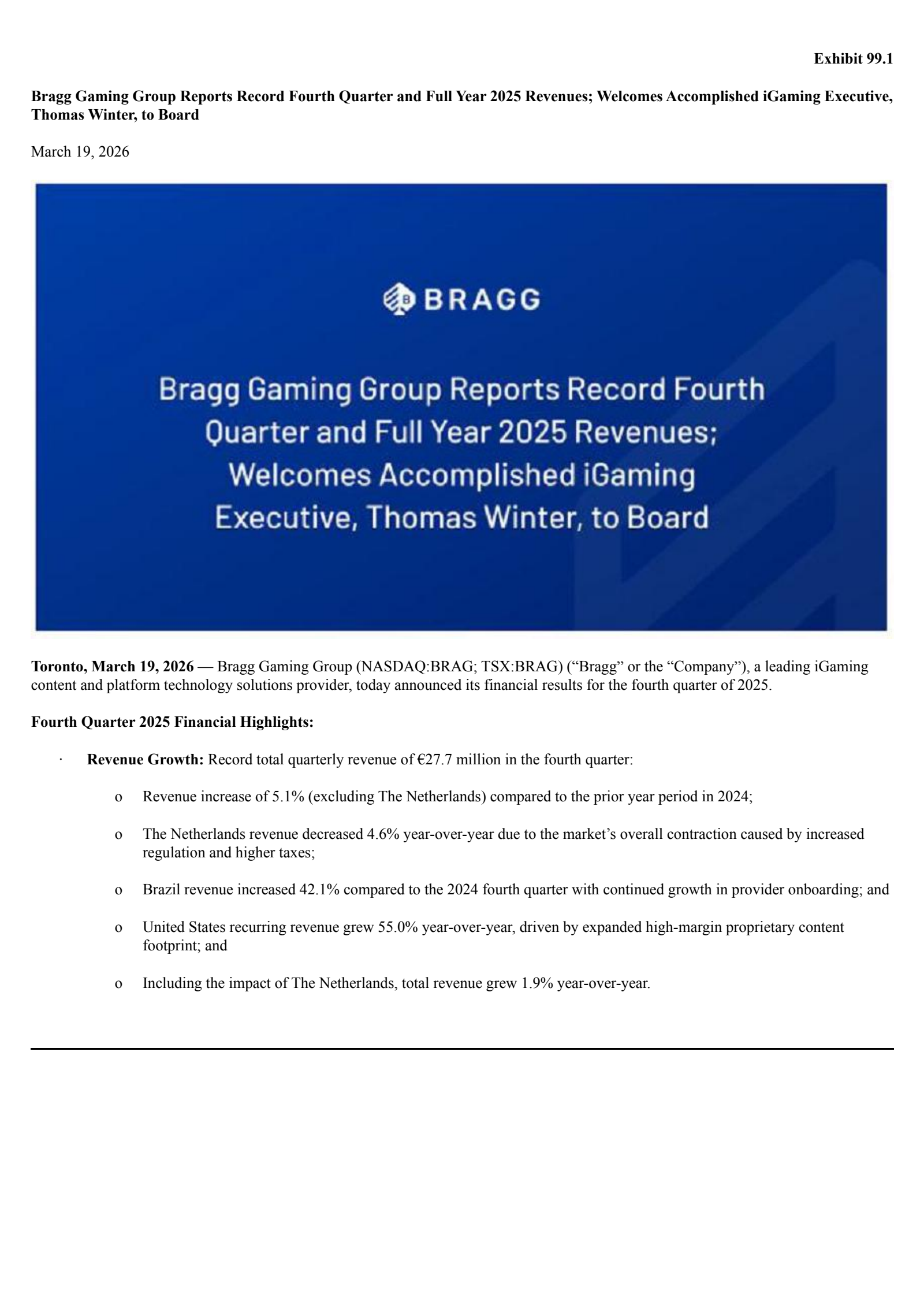 Bragg Gaming Group's Q4 2025 Press Release
