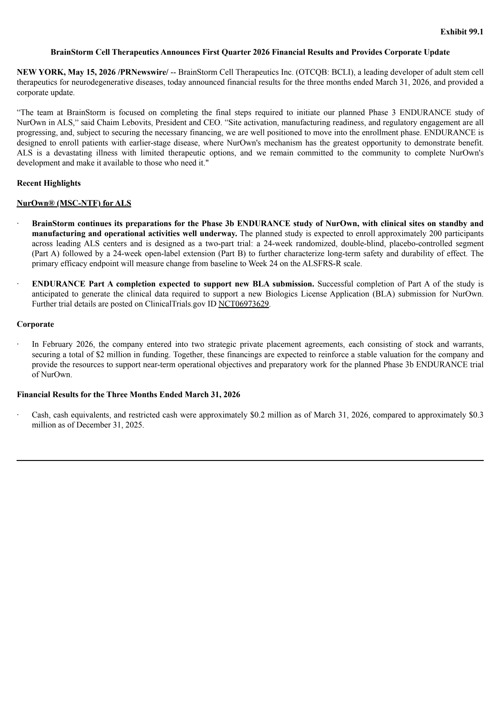 Brainstorm Cell Therapeutics' Q1 2026 Press Release