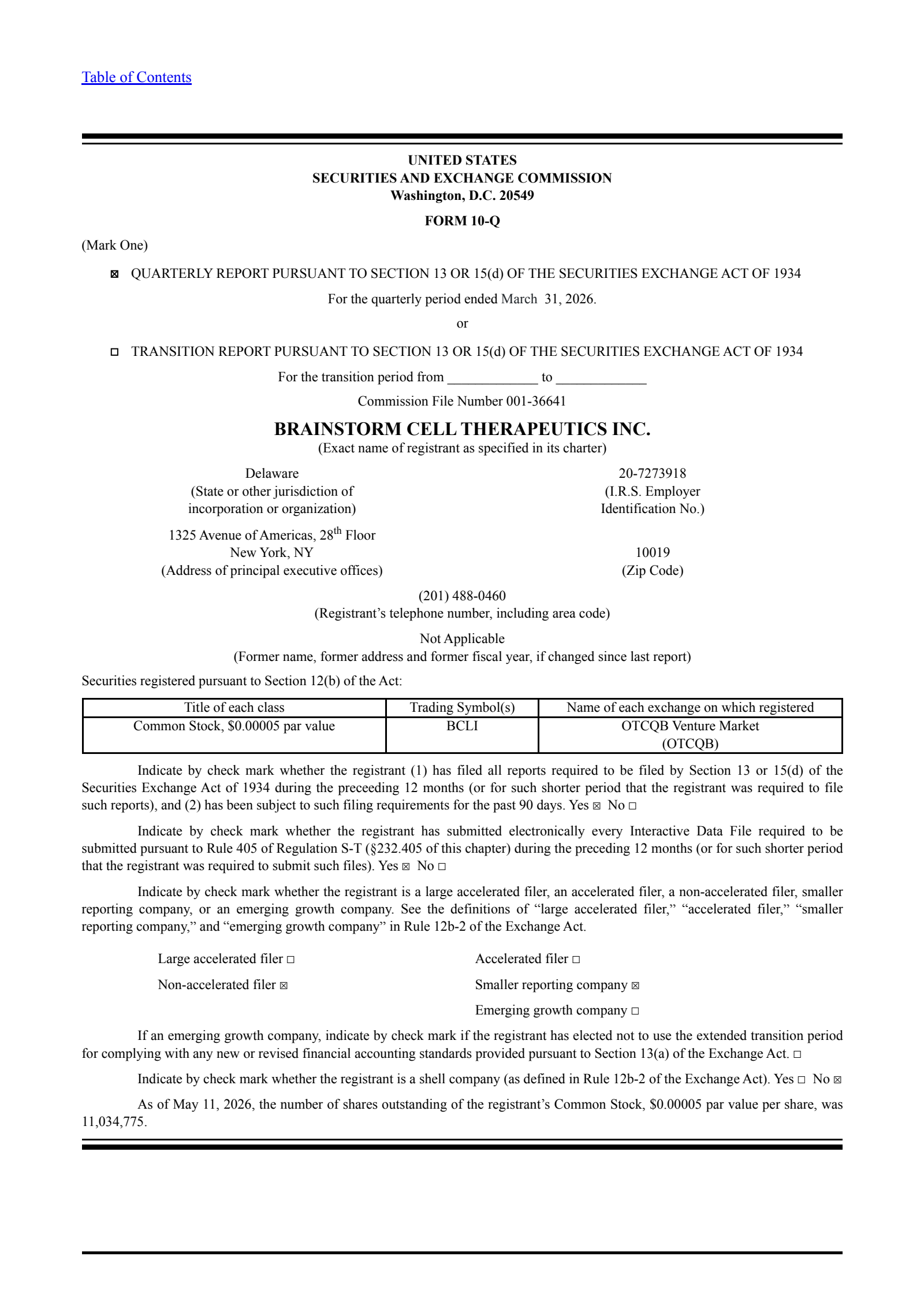 Brainstorm Cell Therapeutics' Q1 2026 Quarterly report