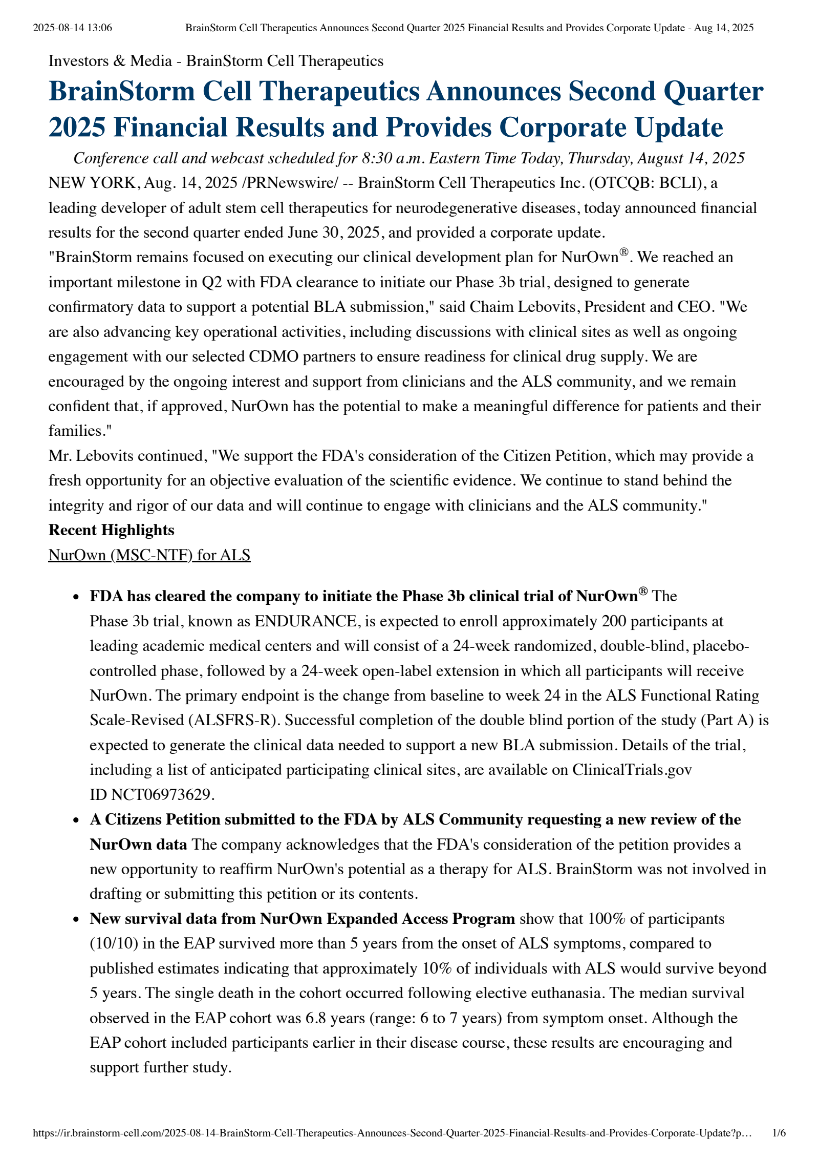 Brainstorm Cell Therapeutics' Q2 2025 Press Release
