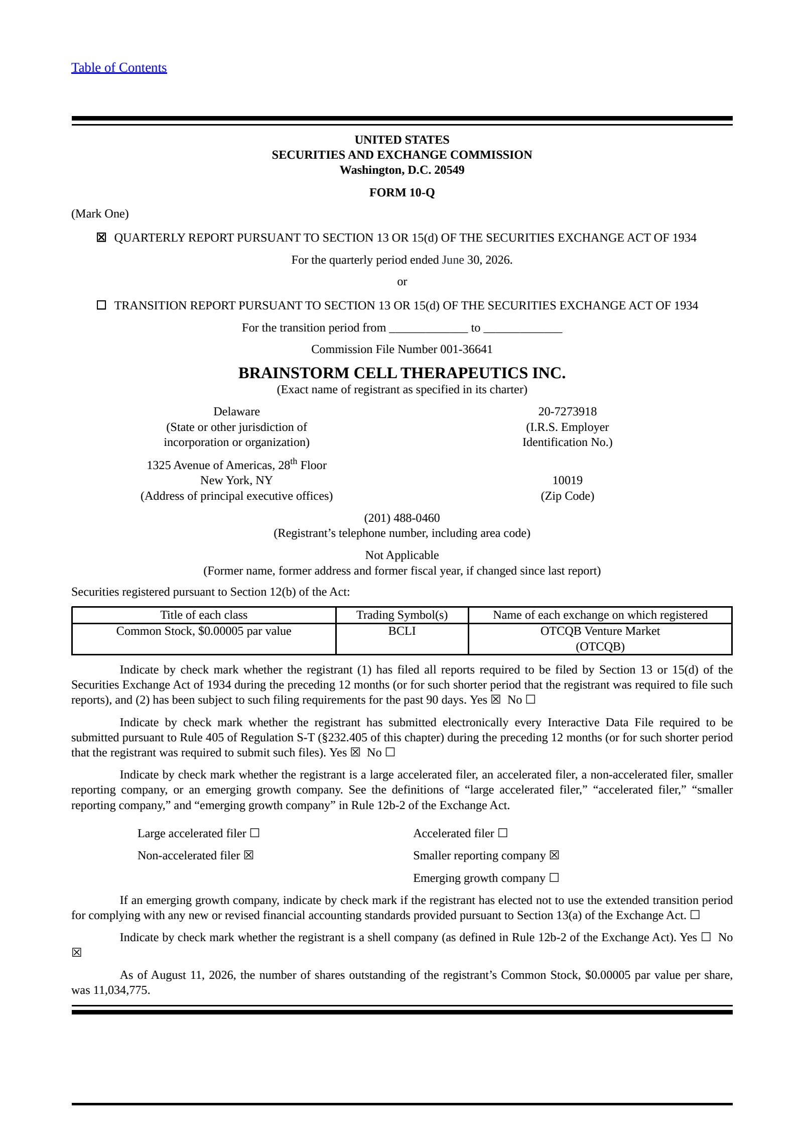 Brainstorm Cell Therapeutics' Q2 2026 Quarterly report