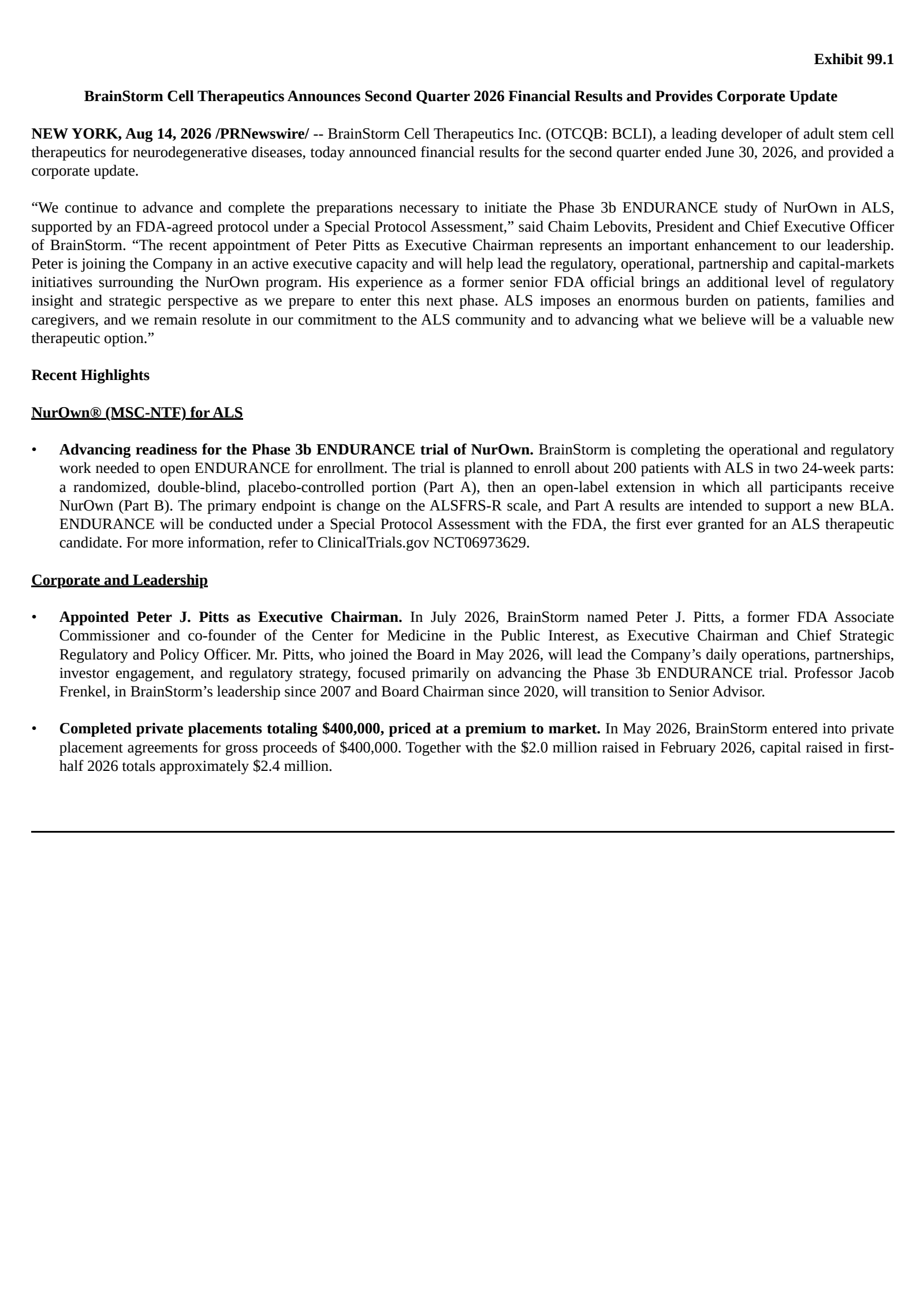Brainstorm Cell Therapeutics' Q2 2026 Press Release