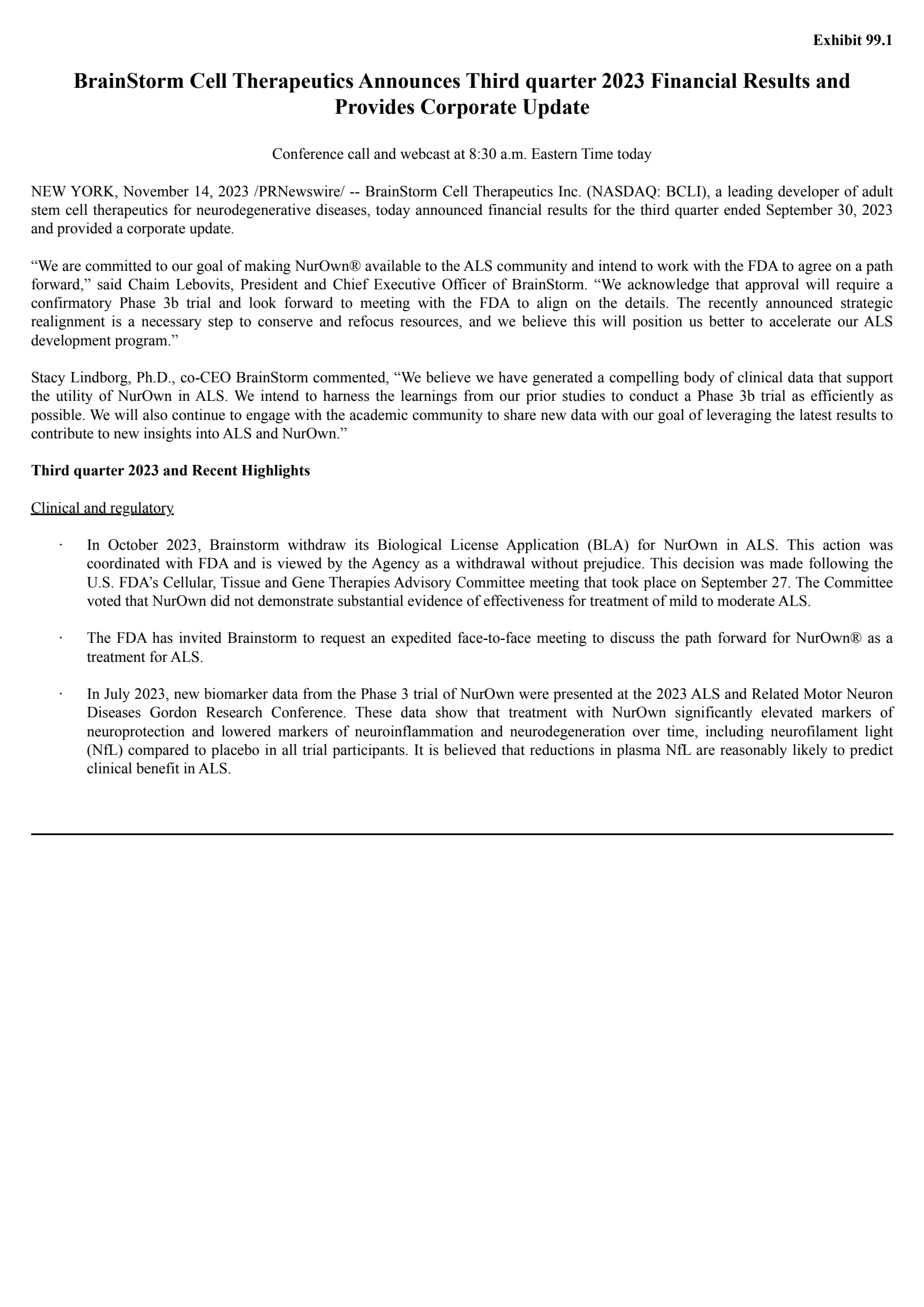 Brainstorm Cell Therapeutics' Q3 2023 Press Release