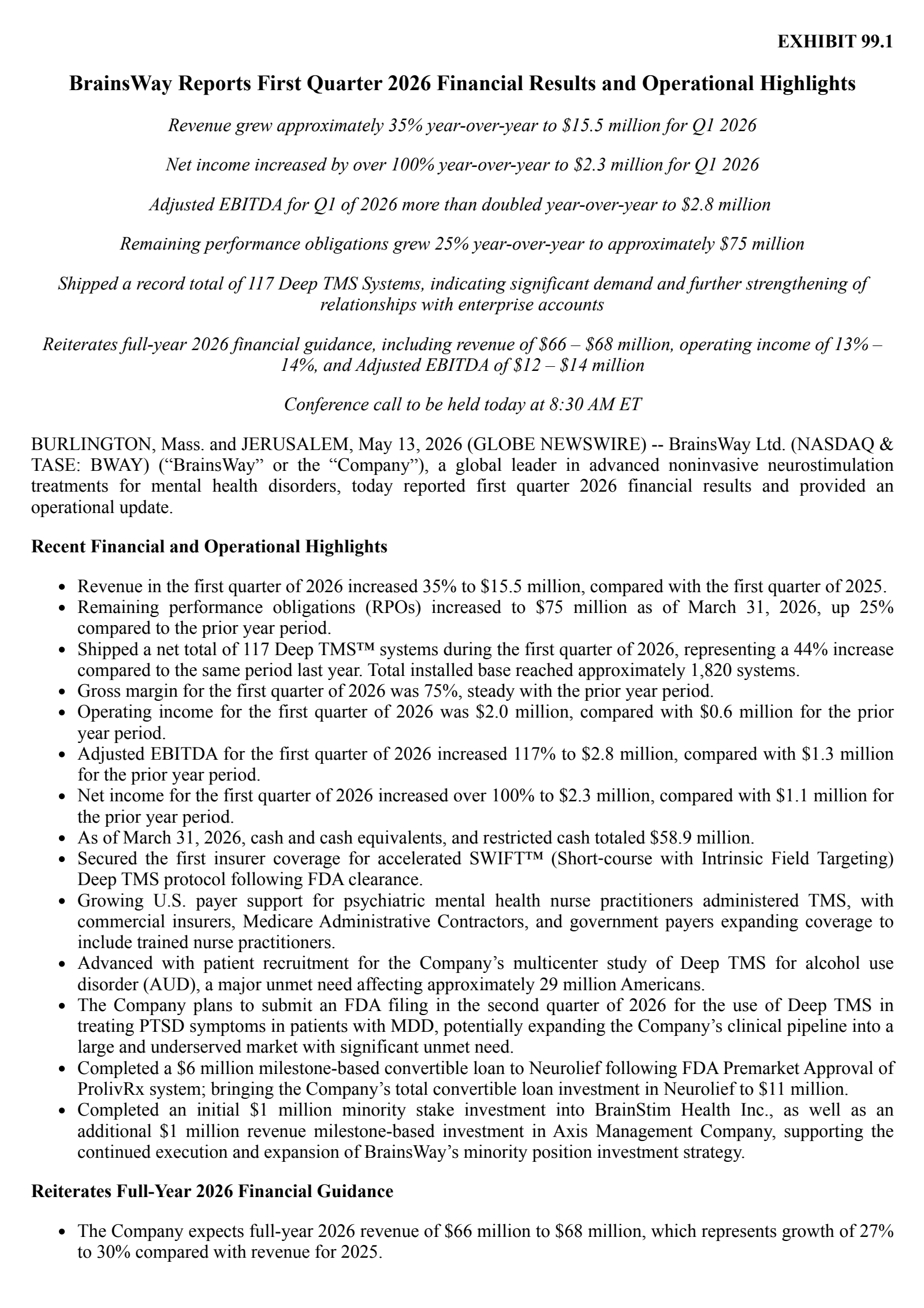 Brainsway's Q1 2026 Press Release