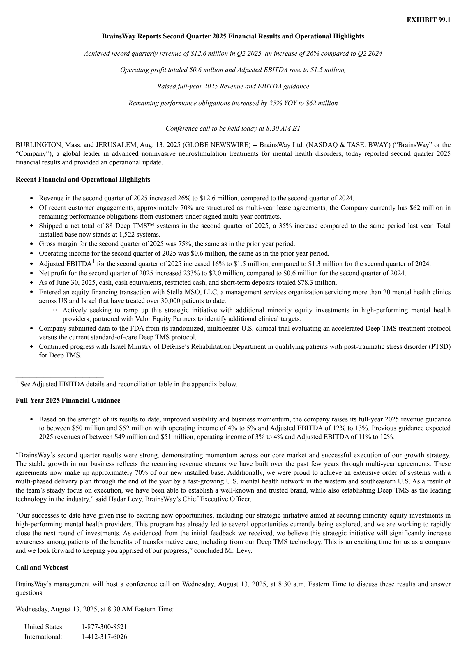 Brainsway's Q2 2025 Press Release