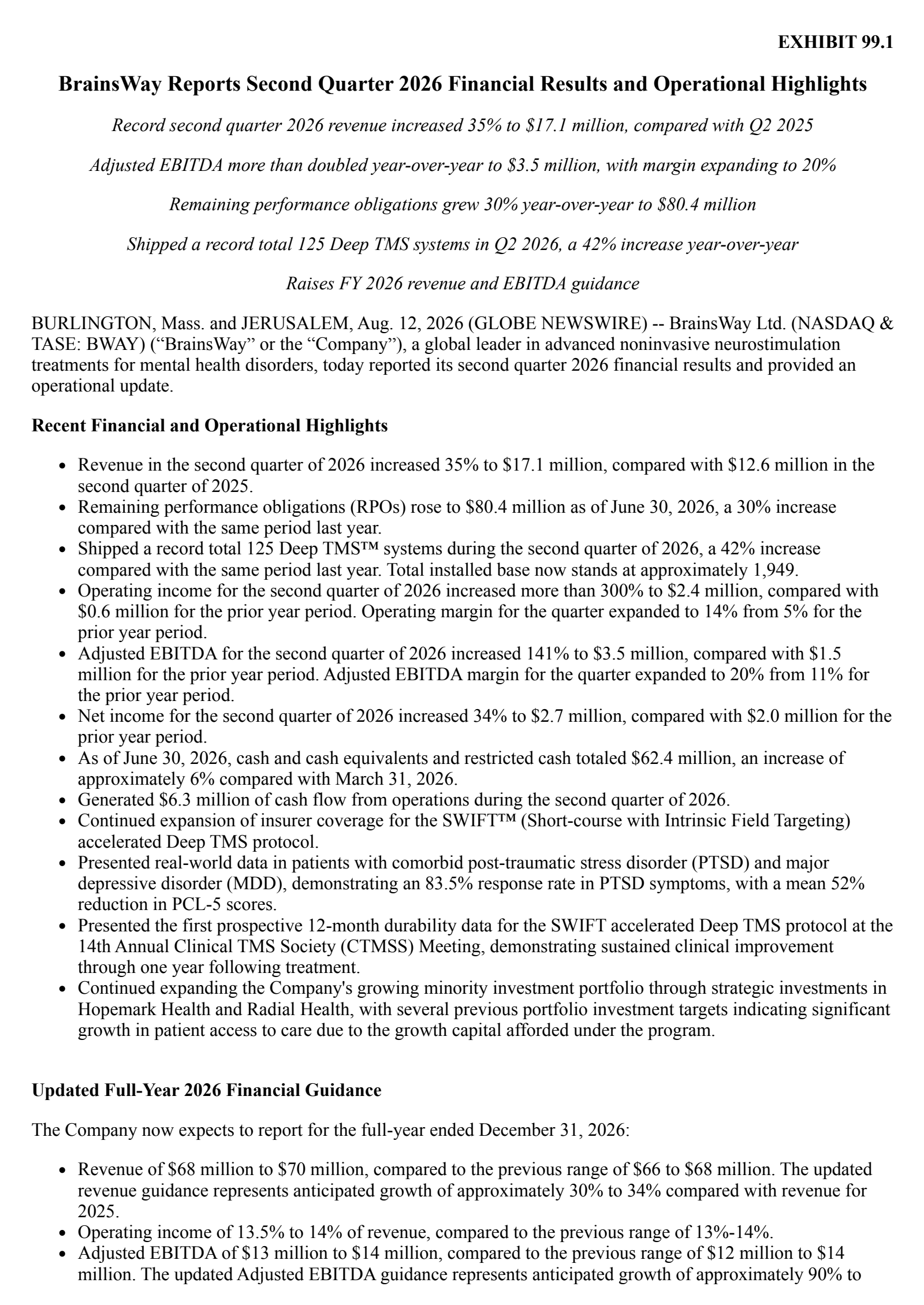 Brainsway's Q2 2026 Press Release