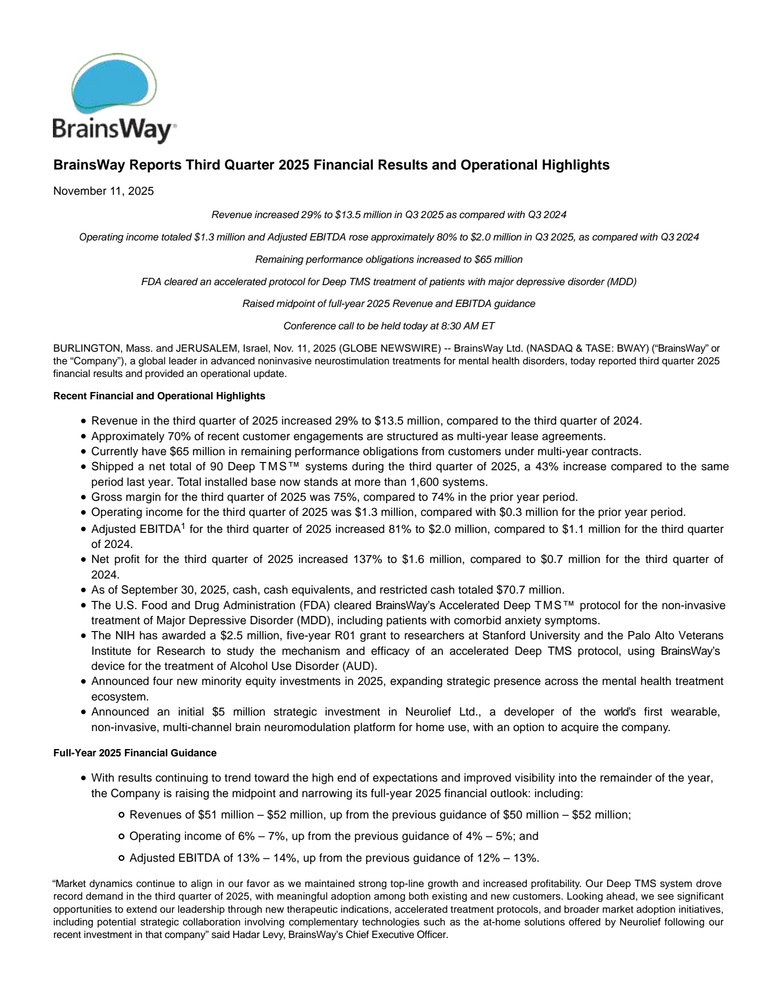 Brainsway's Q3 2025 Earnings Release
