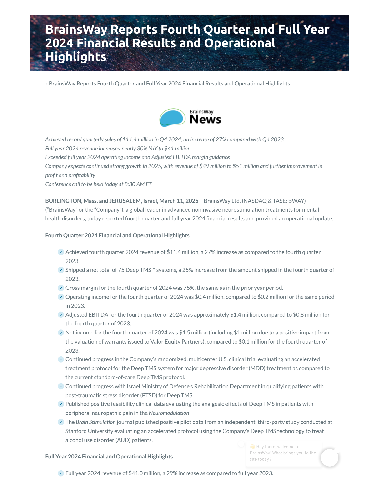 Brainsway's Q4 2024 Press Release