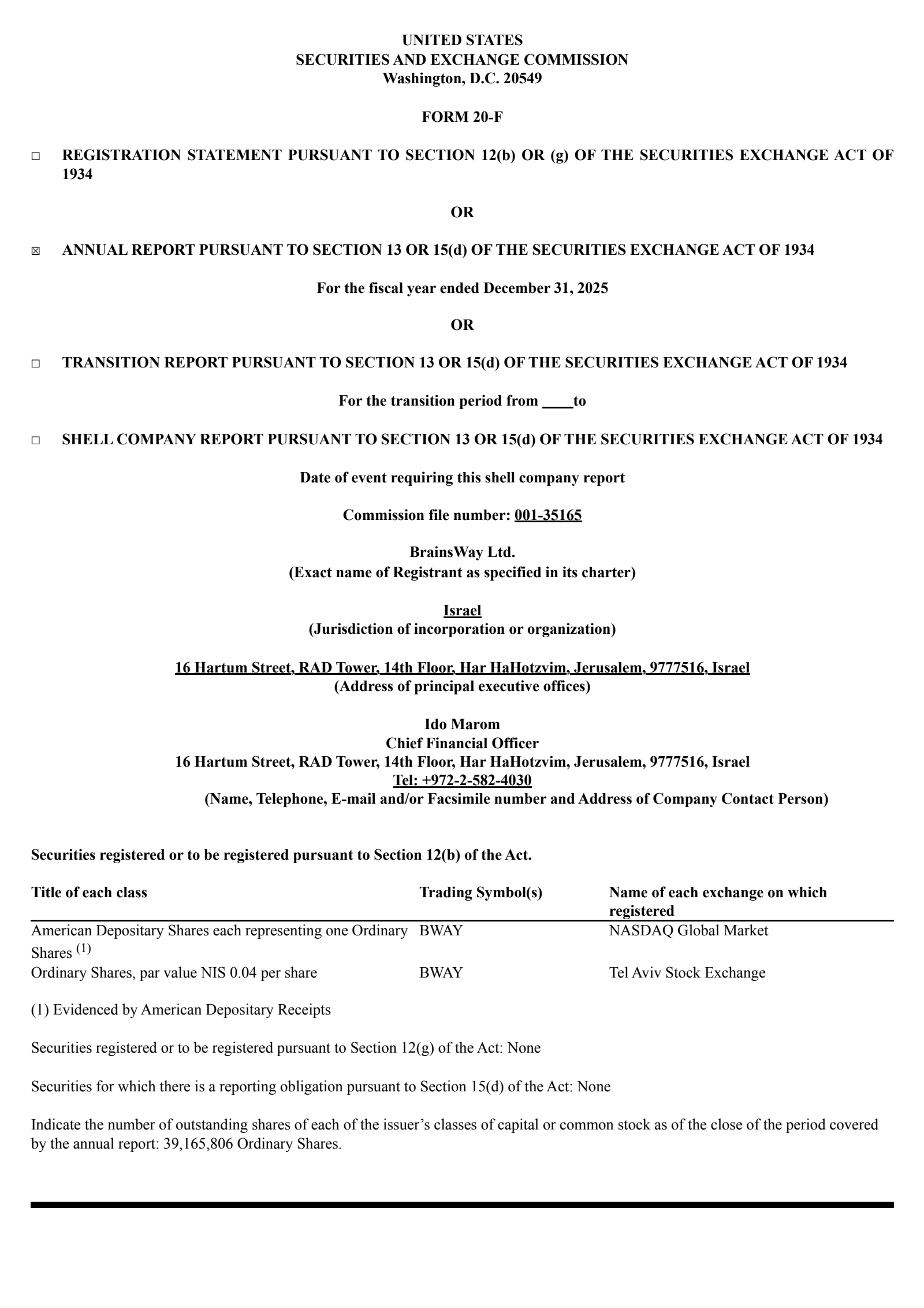 Brainsway's Q4 2025 Annual report