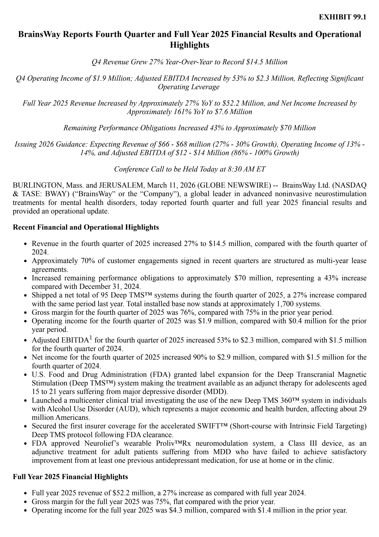 Brainsway's Q4 2025 Press Release