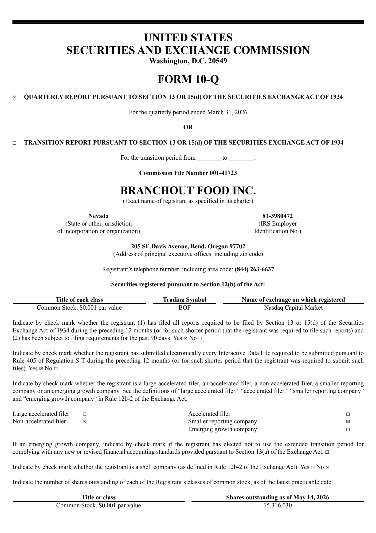 BranchOut Food's Q1 2026 Quarterly report