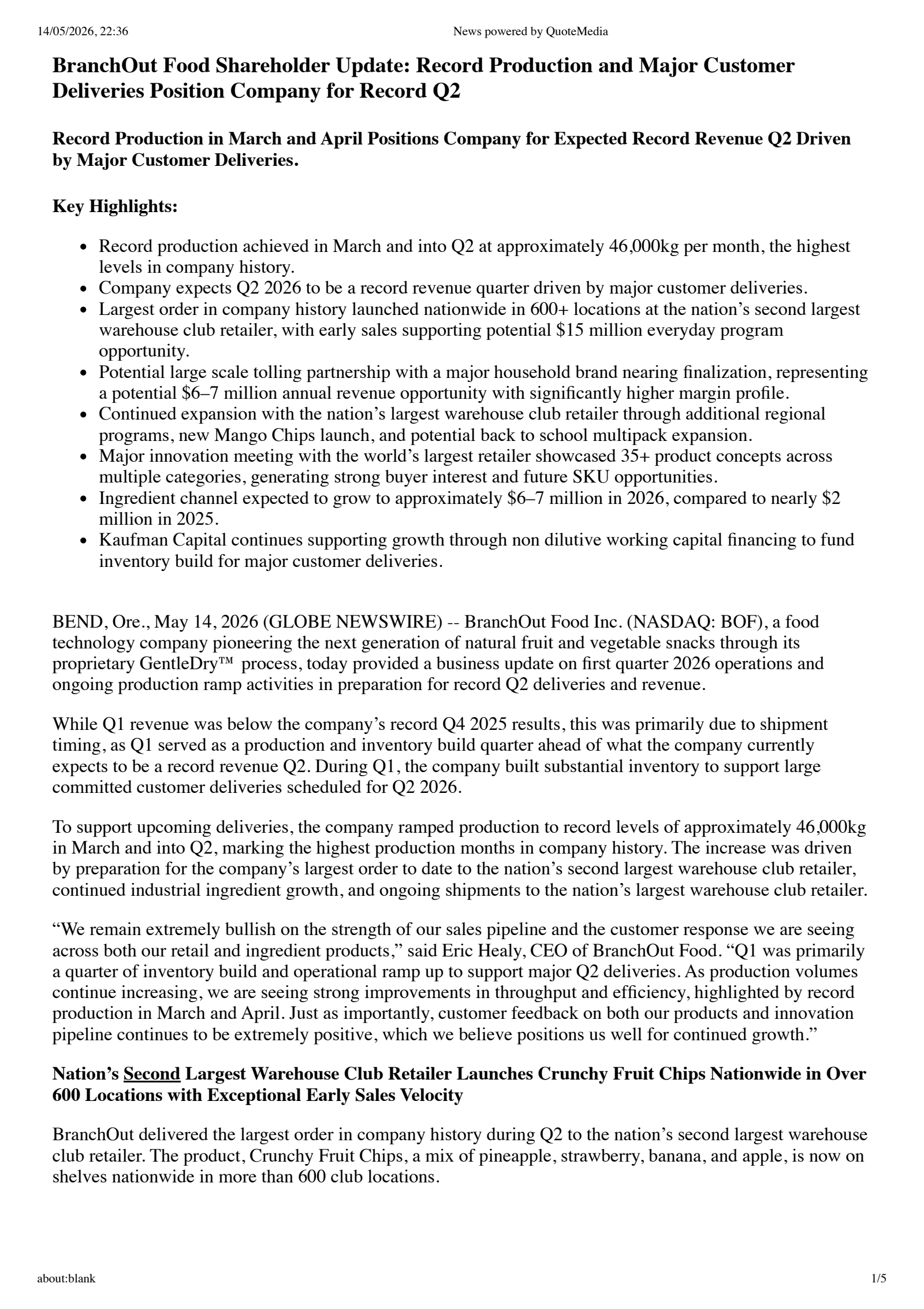 BranchOut Food's Q1 2026 Press Release
