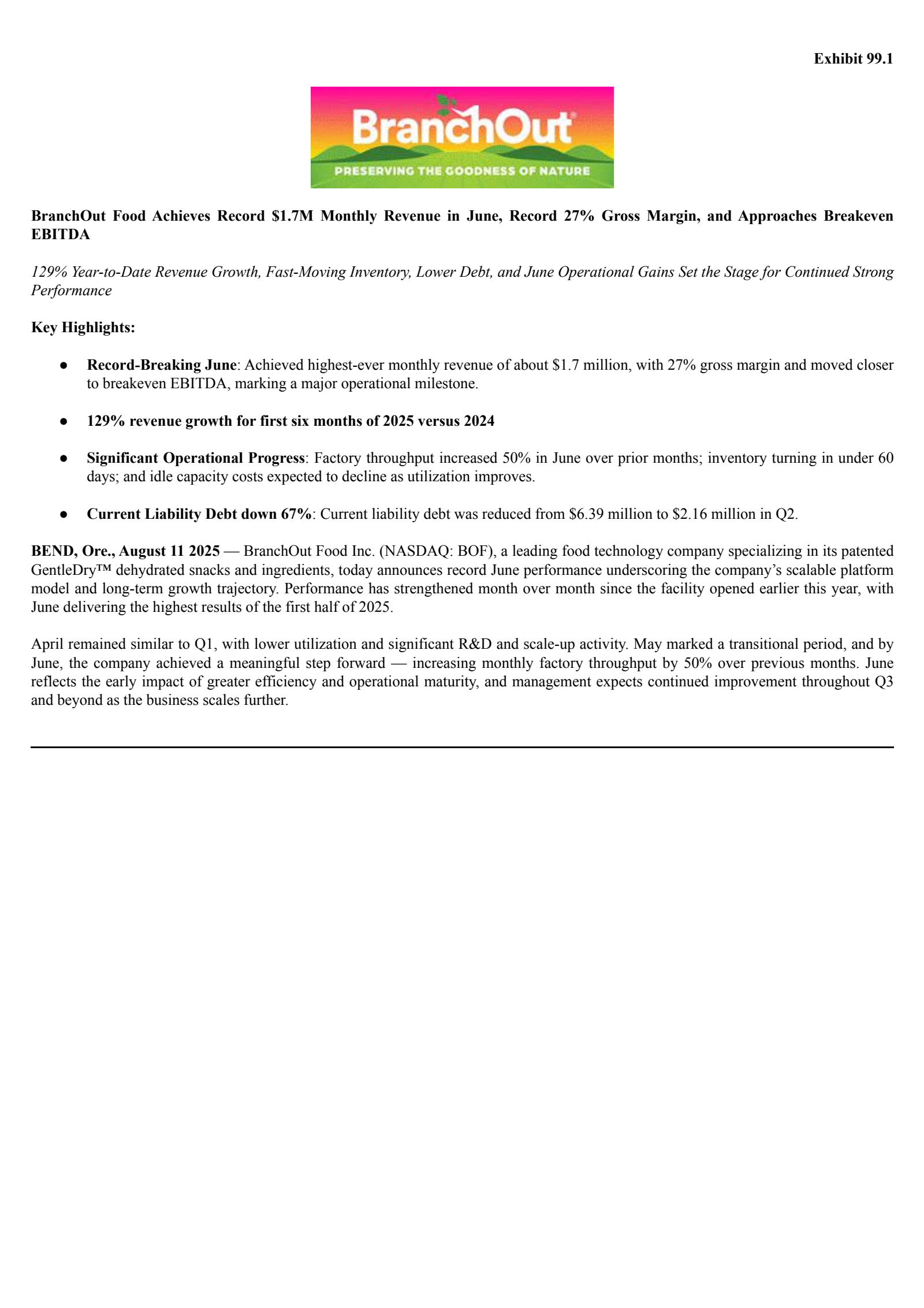 BranchOut Food's Q2 2025 Press Release
